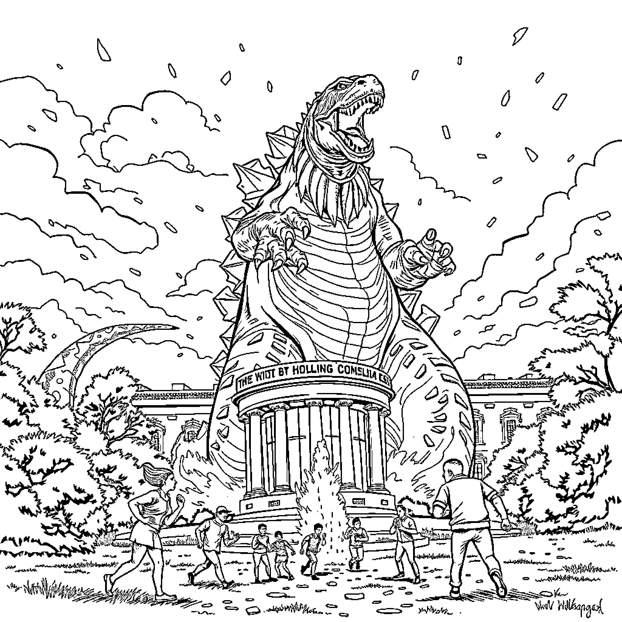 Godzilla destroying a monument in the city Coloring Page (free black-and-white line drawing printable PDF for all, from beginners to advanced learners, including children, teens, adults, and seniors)