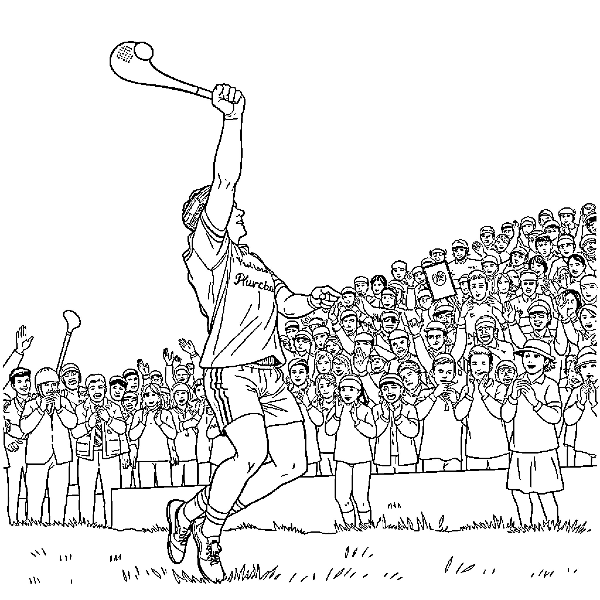 Hurling Player Leaping for the Ball Amidst a Crowd of Spectators Coloring Page (free black-and-white line drawing printable PDF for all, from beginners to advanced learners, including children, teens, adults, and seniors)