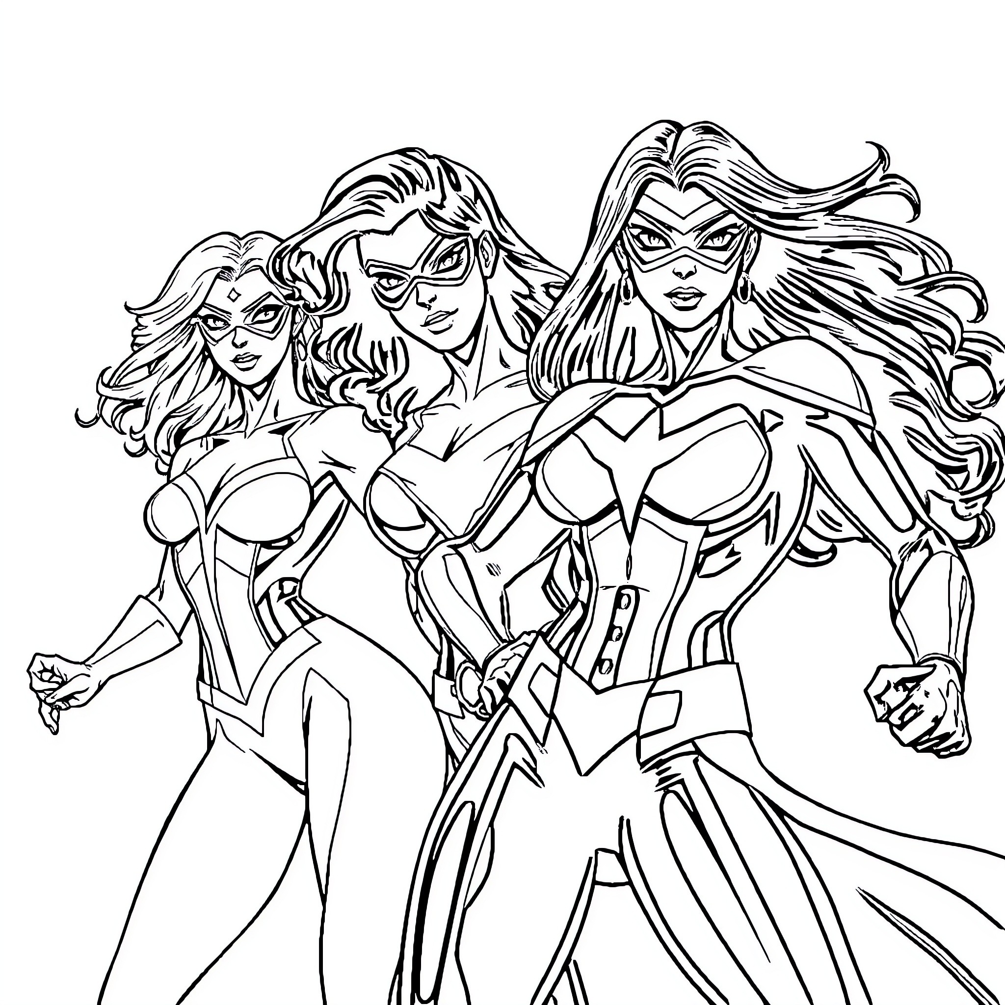 Superhero Women in Heroic Poses Coloring Page (free black-and-white line drawing printable PDF for all, from beginners to advanced learners, including children, teens, adults, and seniors)