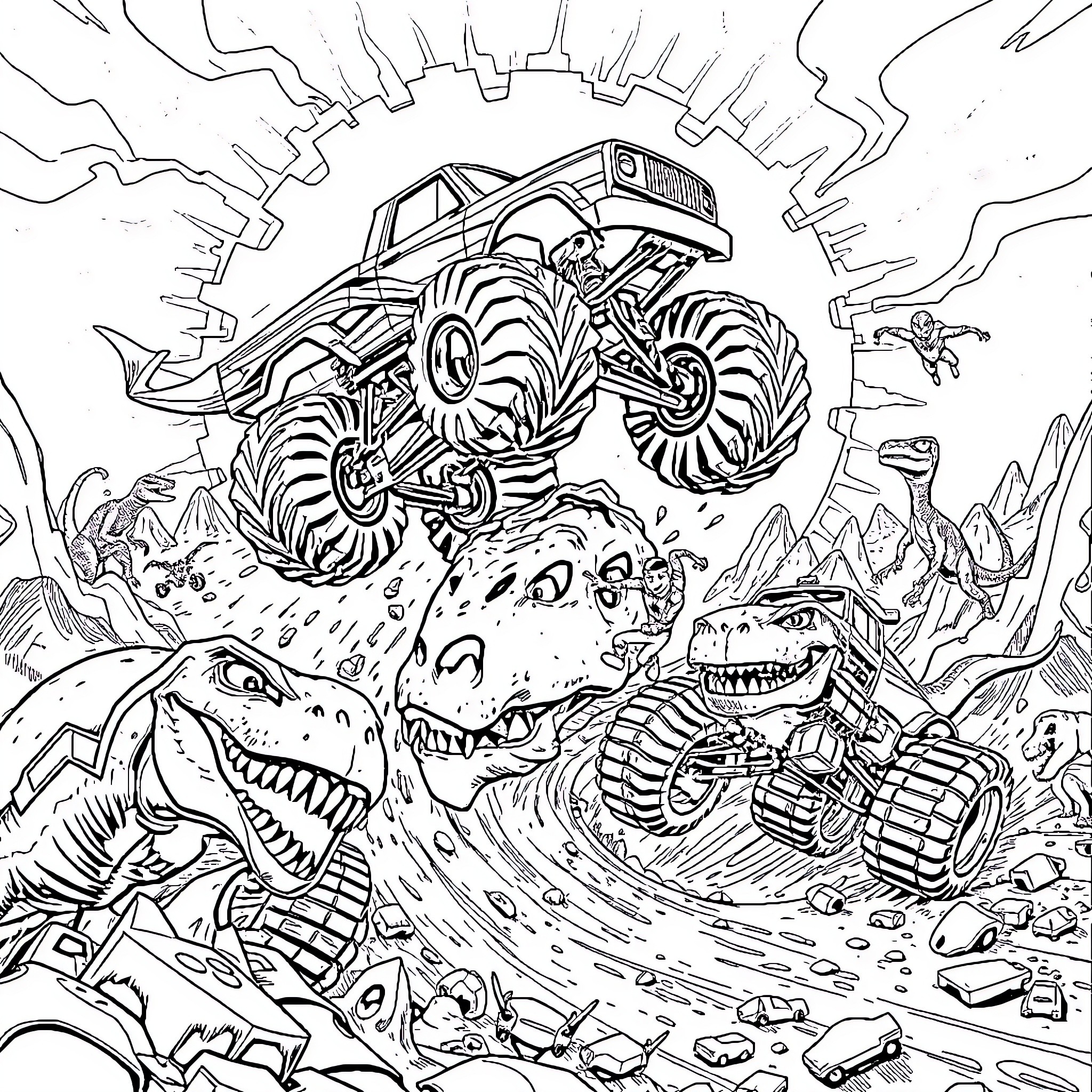 Monster Truck Crushing Dinosaurs in Chaotic Landscape Coloring Page (free black-and-white line drawing printable PDF for all, from beginners to advanced learners, including children, teens, adults, and seniors)