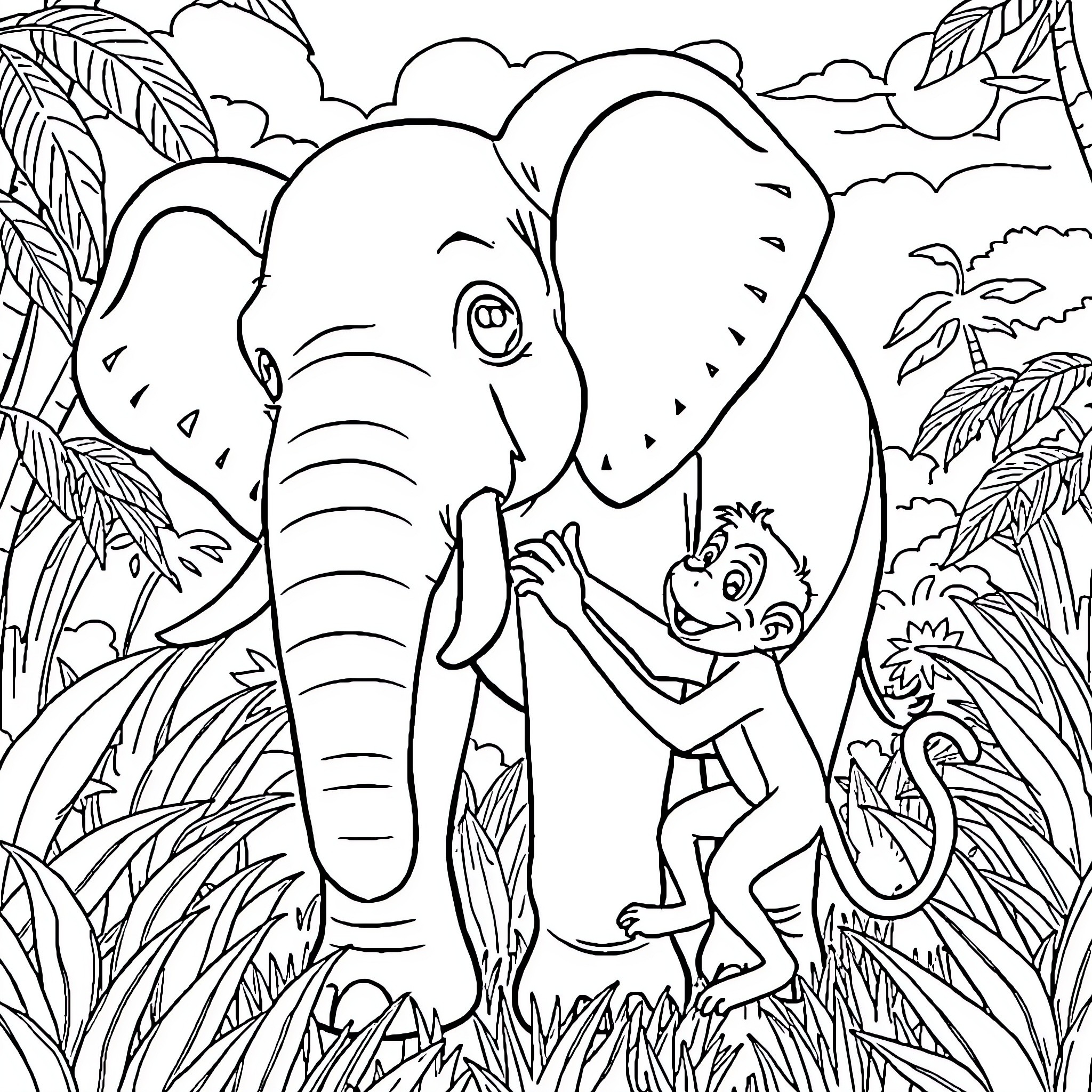 Monkey and Elephant Interacting in the Jungle Coloring Page (free black-and-white line drawing printable PDF for all, from beginners to advanced learners, including children, teens, adults, and seniors)