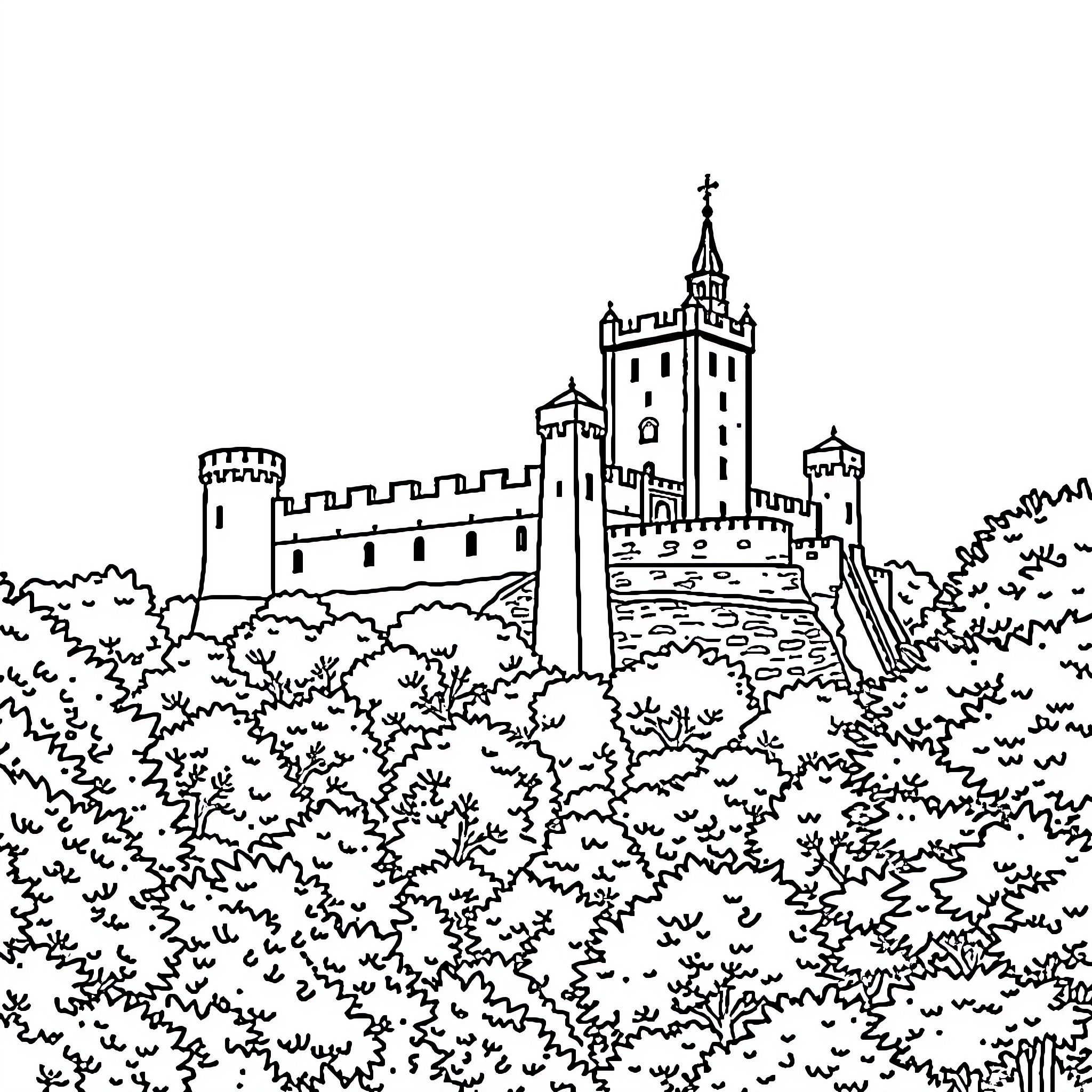 Bragança Castle surrounded by lush greenery Coloring Page (free black-and-white line drawing printable PDF for all, from beginners to advanced learners, including children, teens, adults, and seniors)