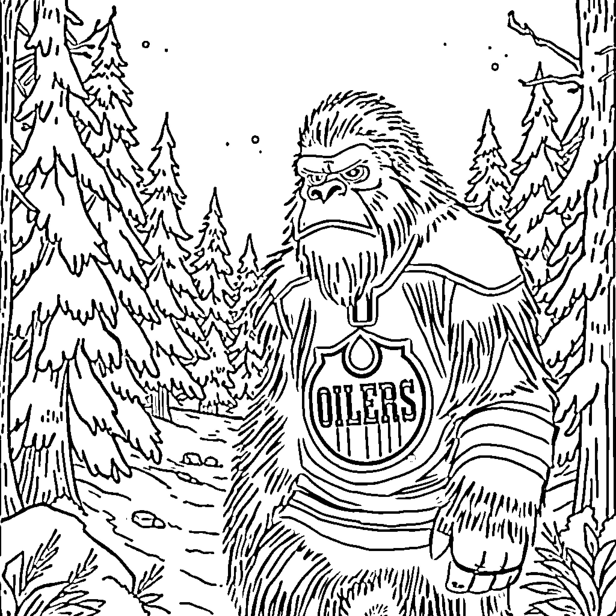 Bigfoot playing hockey in the forest Coloring Page (free black-and-white line drawing printable PDF for all, from beginners to advanced learners, including children, teens, adults, and seniors)
