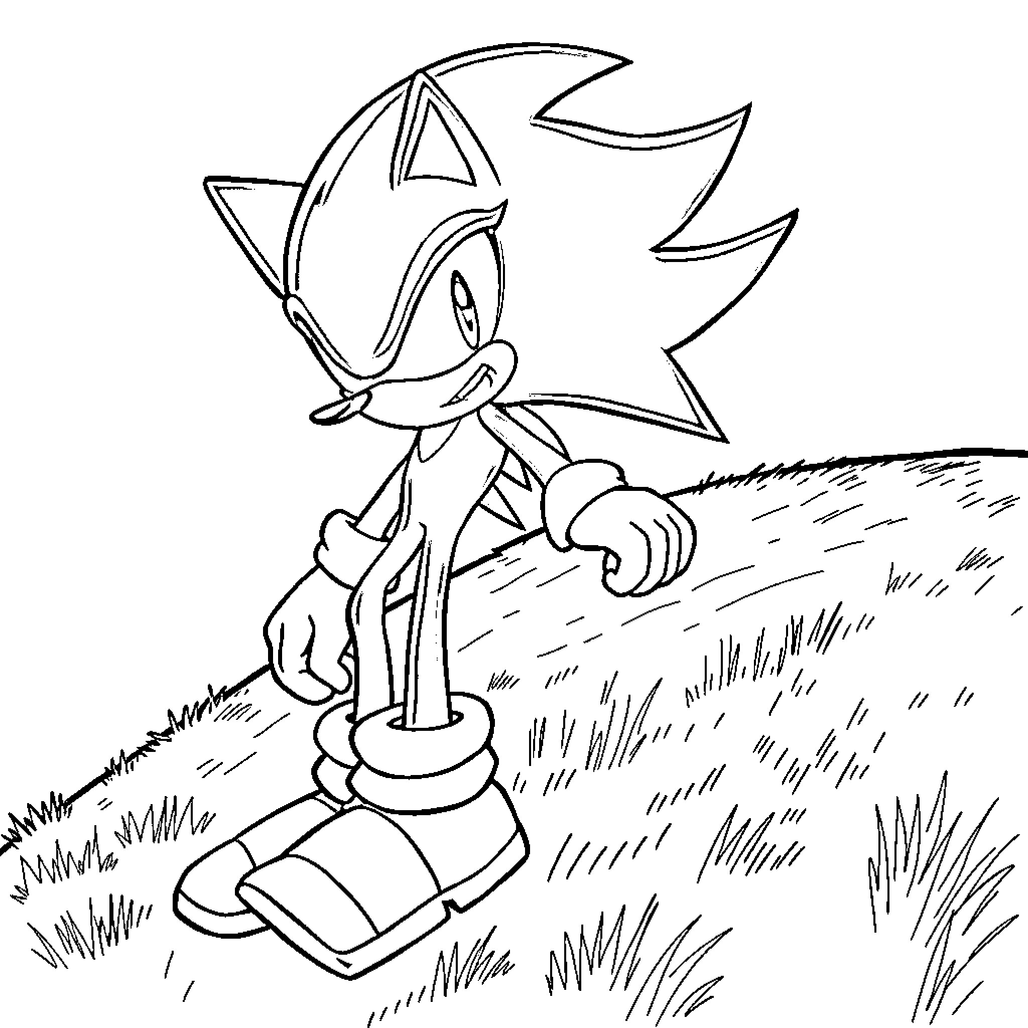 Sonic character running in grassy field Coloring Page (free black-and-white line drawing printable PDF for all, from beginners to advanced learners, including children, teens, adults, and seniors)