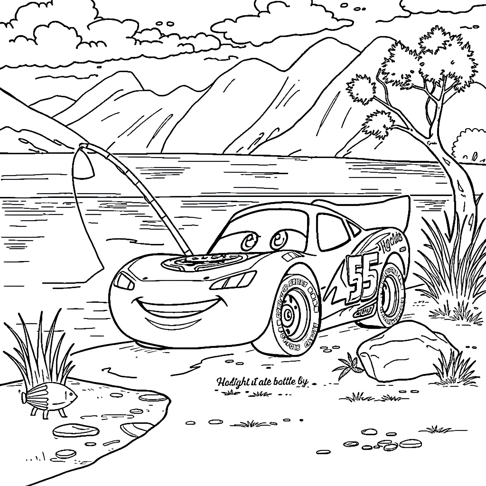 Lightning McQueen goes on an adventure in nature Coloring Page (free black-and-white line drawing printable PDF for all, from beginners to advanced learners, including children, teens, adults, and seniors)