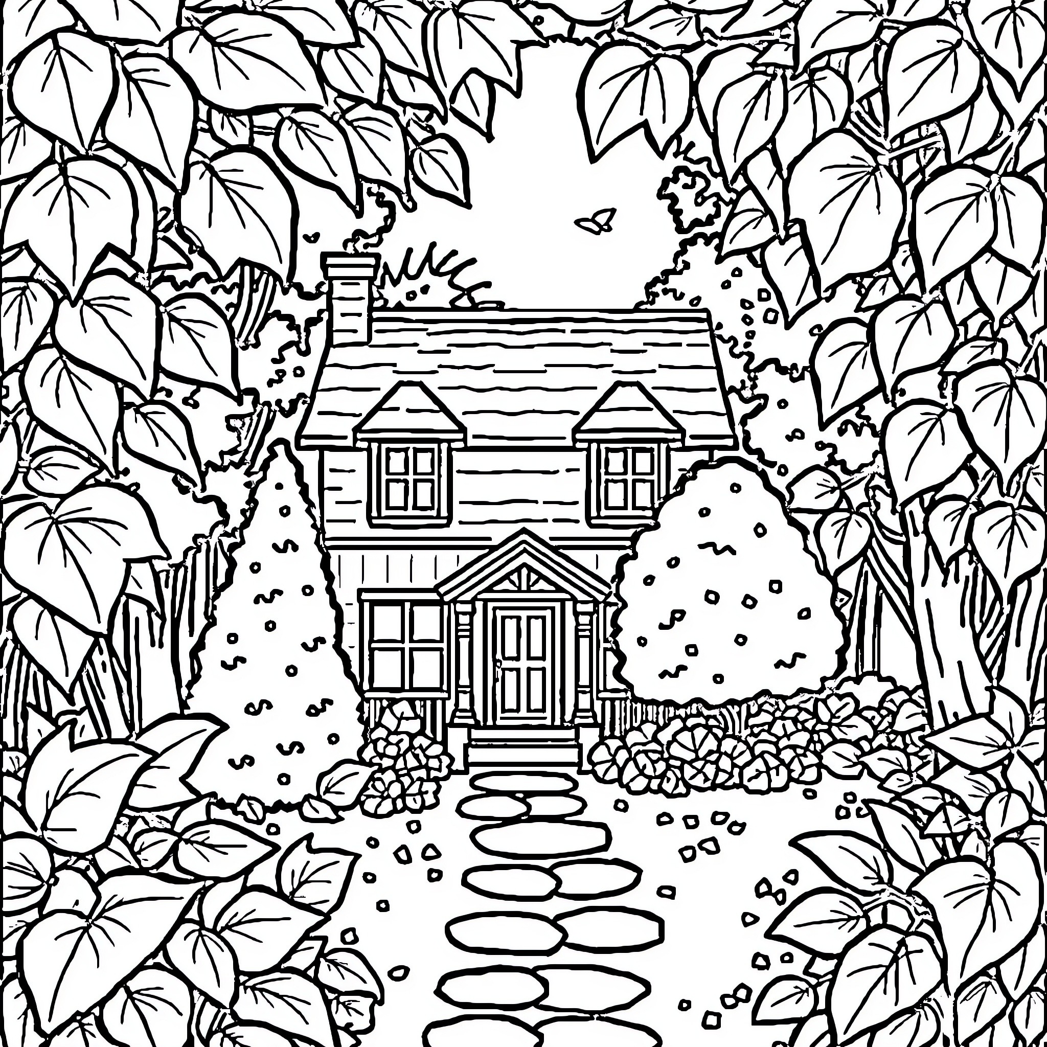 House surrounded by lush foliage and a garden path Coloring Page (free black-and-white line drawing printable PDF for all, from beginners to advanced learners, including children, teens, adults, and seniors)
