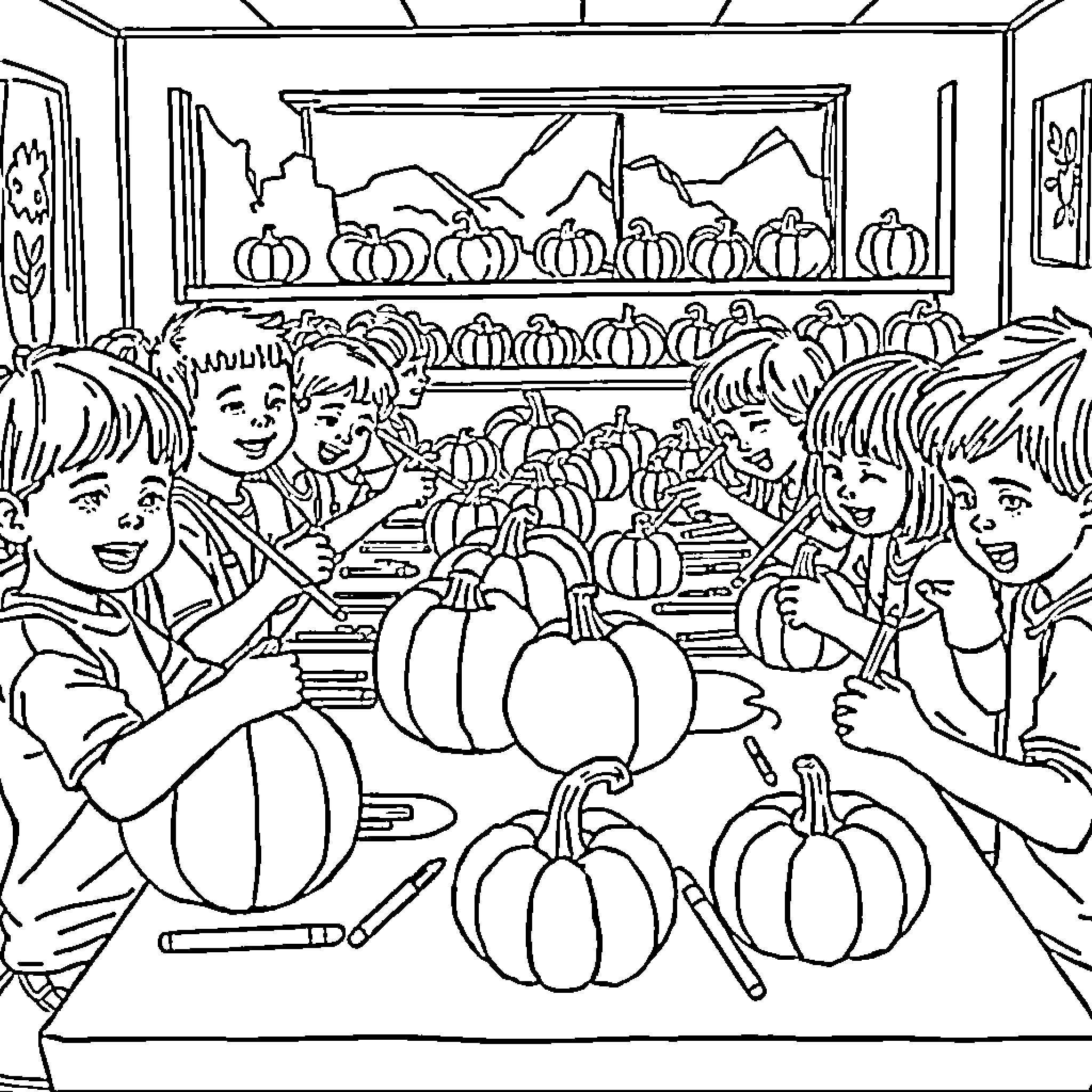 Pumpkin Painting Workshop with Children Coloring Page (free black-and-white line drawing printable PDF for all, from beginners to advanced learners, including children, teens, adults, and seniors)