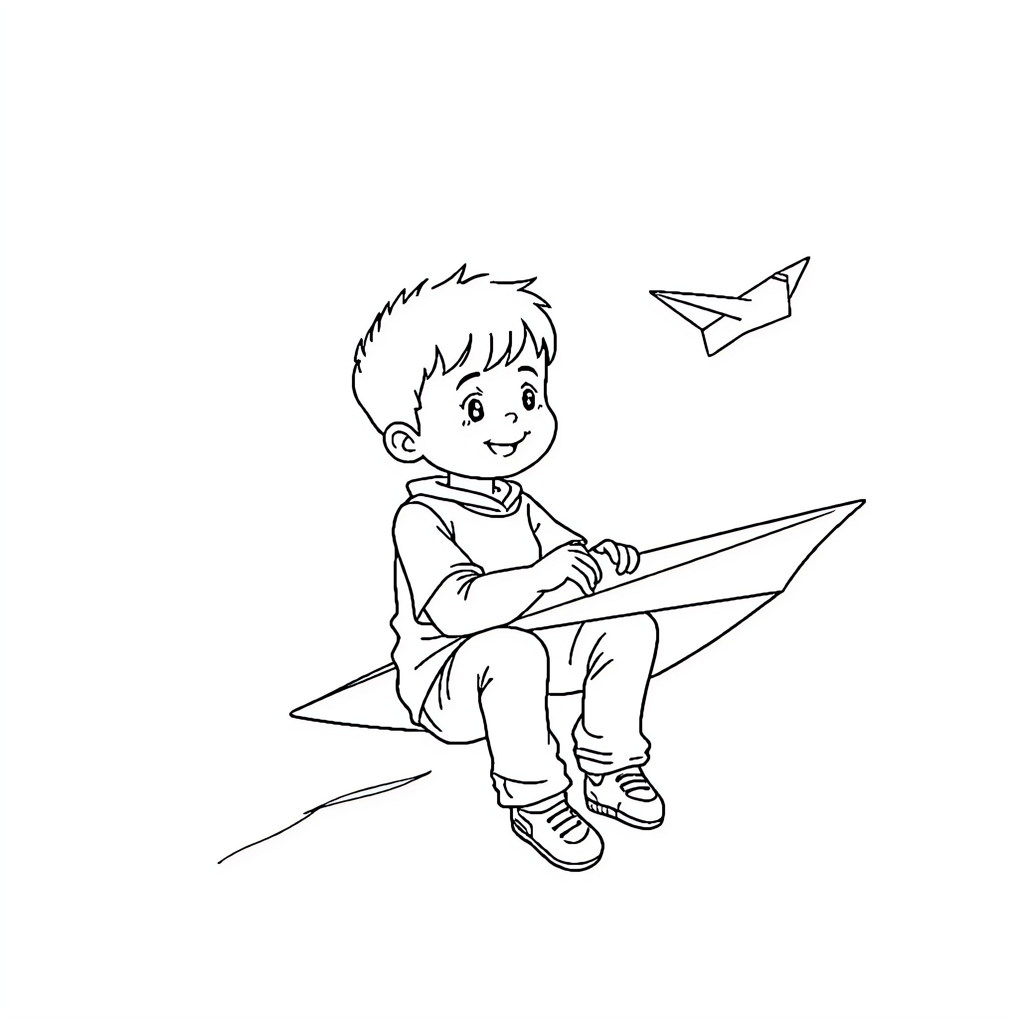 Kid playing with paper airplanes in the sky Coloring Page (free black-and-white line drawing printable PDF for all, from beginners to advanced learners, including children, teens, adults, and seniors)