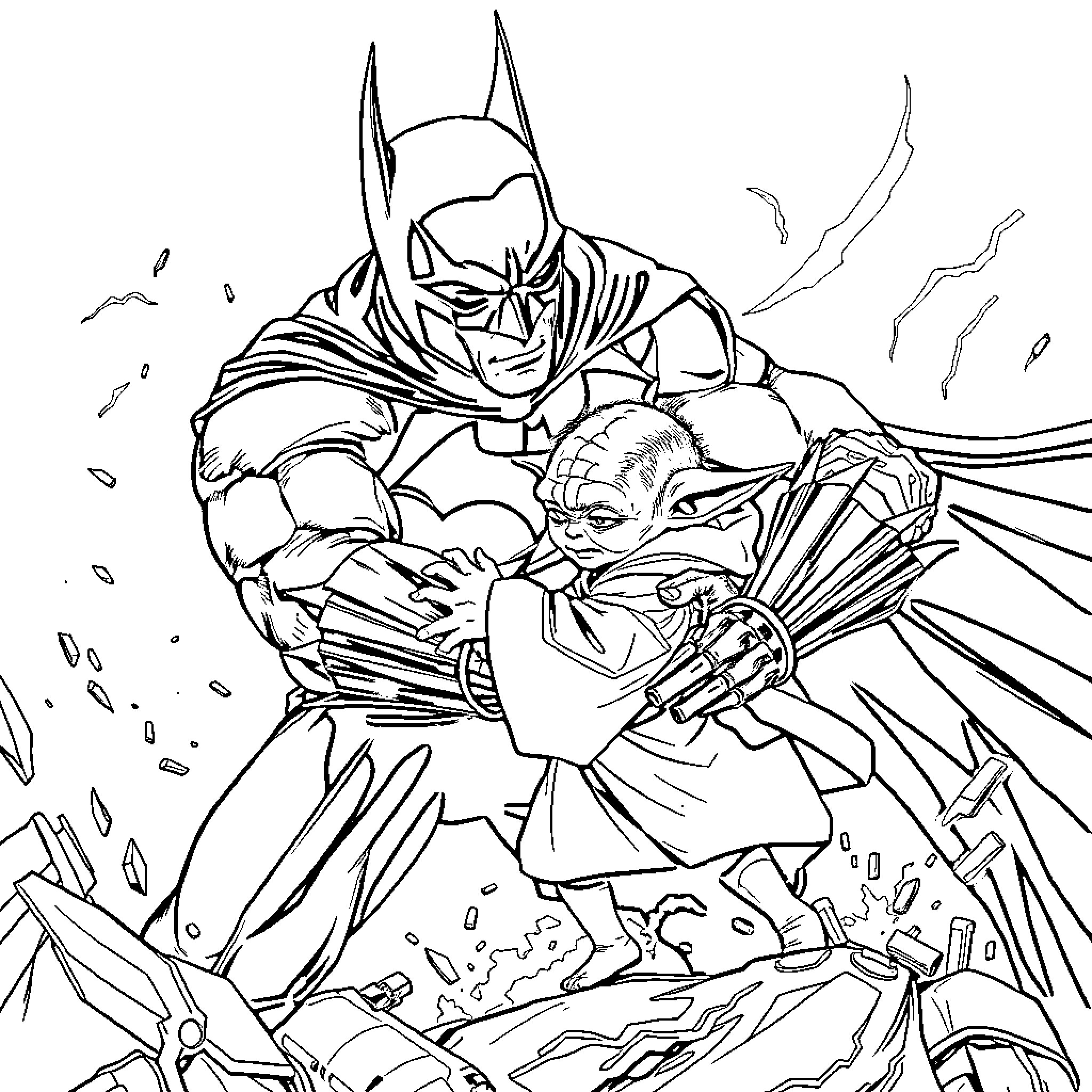 Yoda and the Caped Crusader in Epic Clash Coloring Page (free black-and-white line drawing printable PDF for all, from beginners to advanced learners, including children, teens, adults, and seniors)