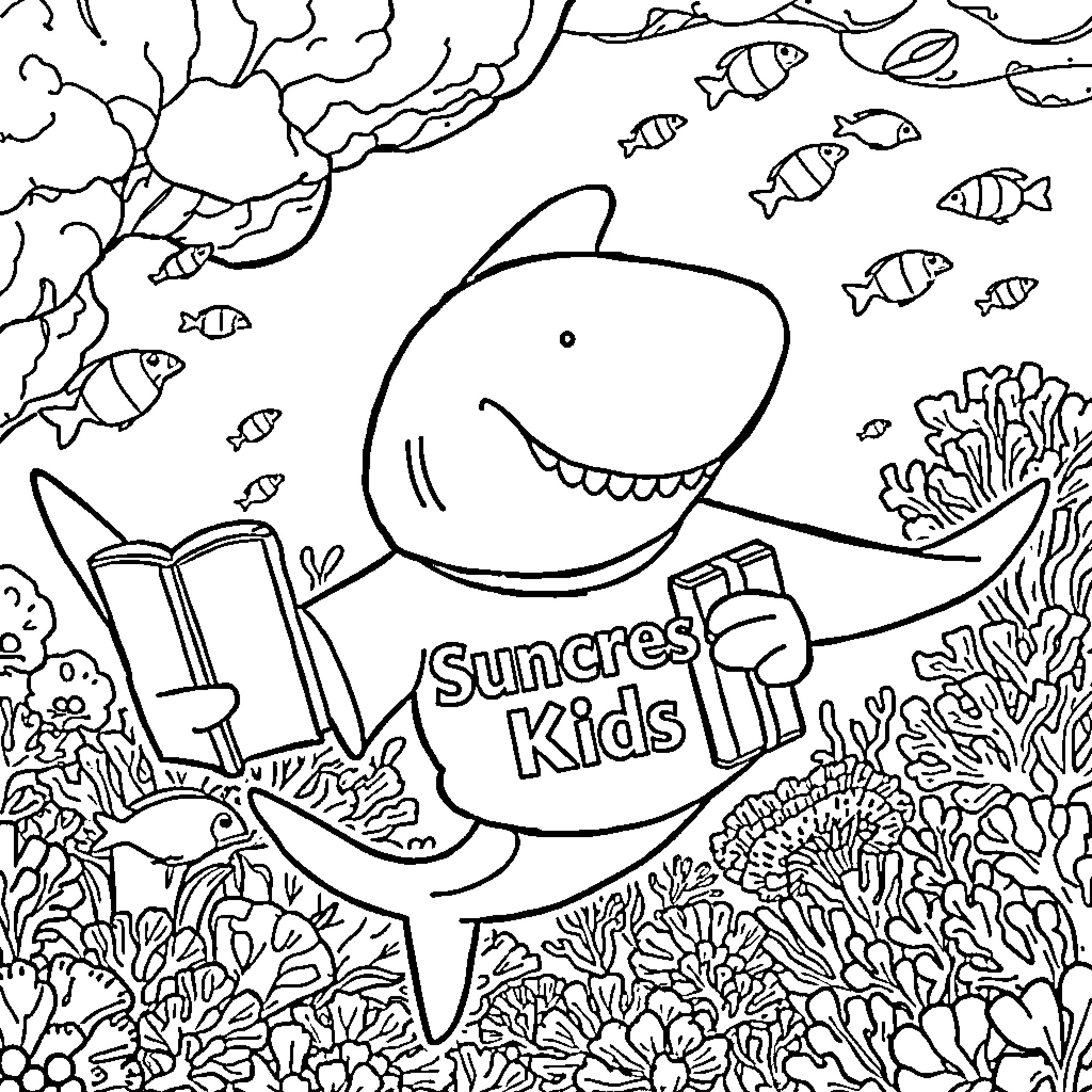 Shark reading book underwater with marine life Coloring Page (free black-and-white line drawing printable PDF for all, from beginners to advanced learners, including children, teens, adults, and seniors)
