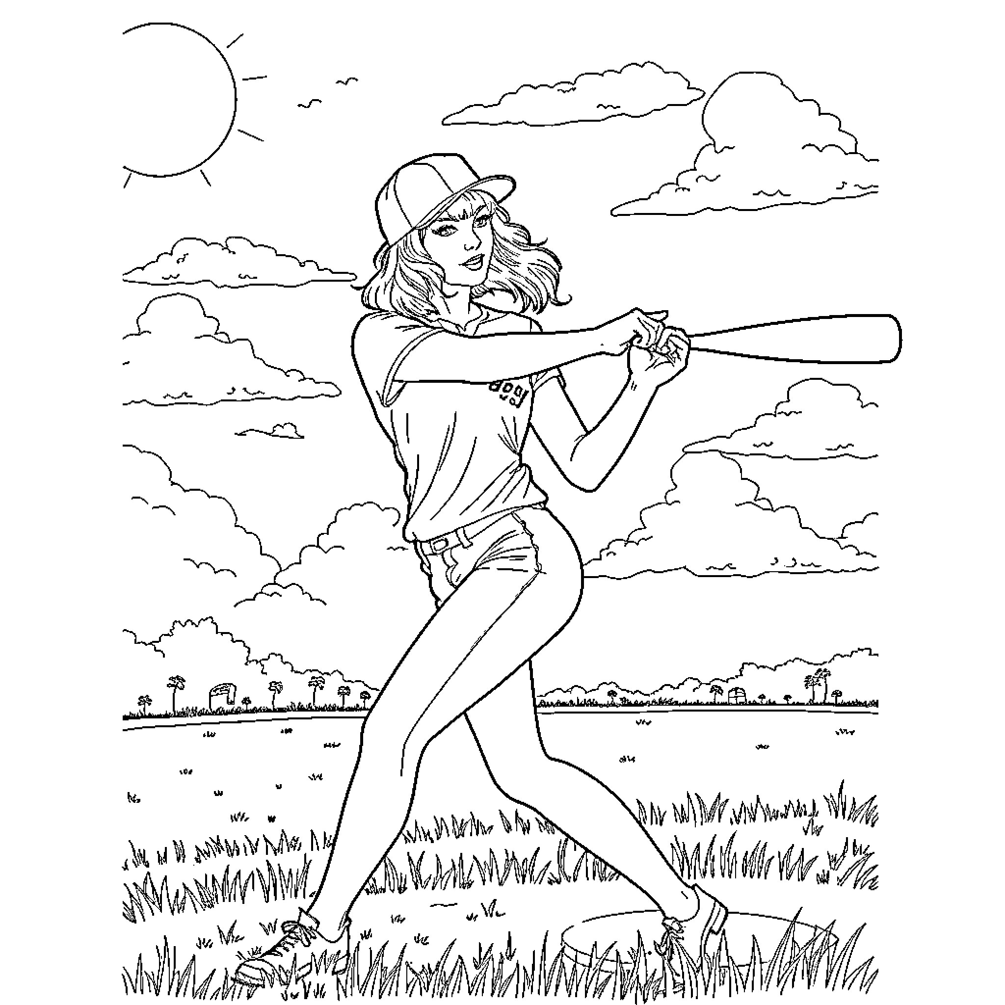 Taylor Swift playing baseball in the countryside Coloring Page (free black-and-white line drawing printable PDF for all, from beginners to advanced learners, including children, teens, adults, and seniors)