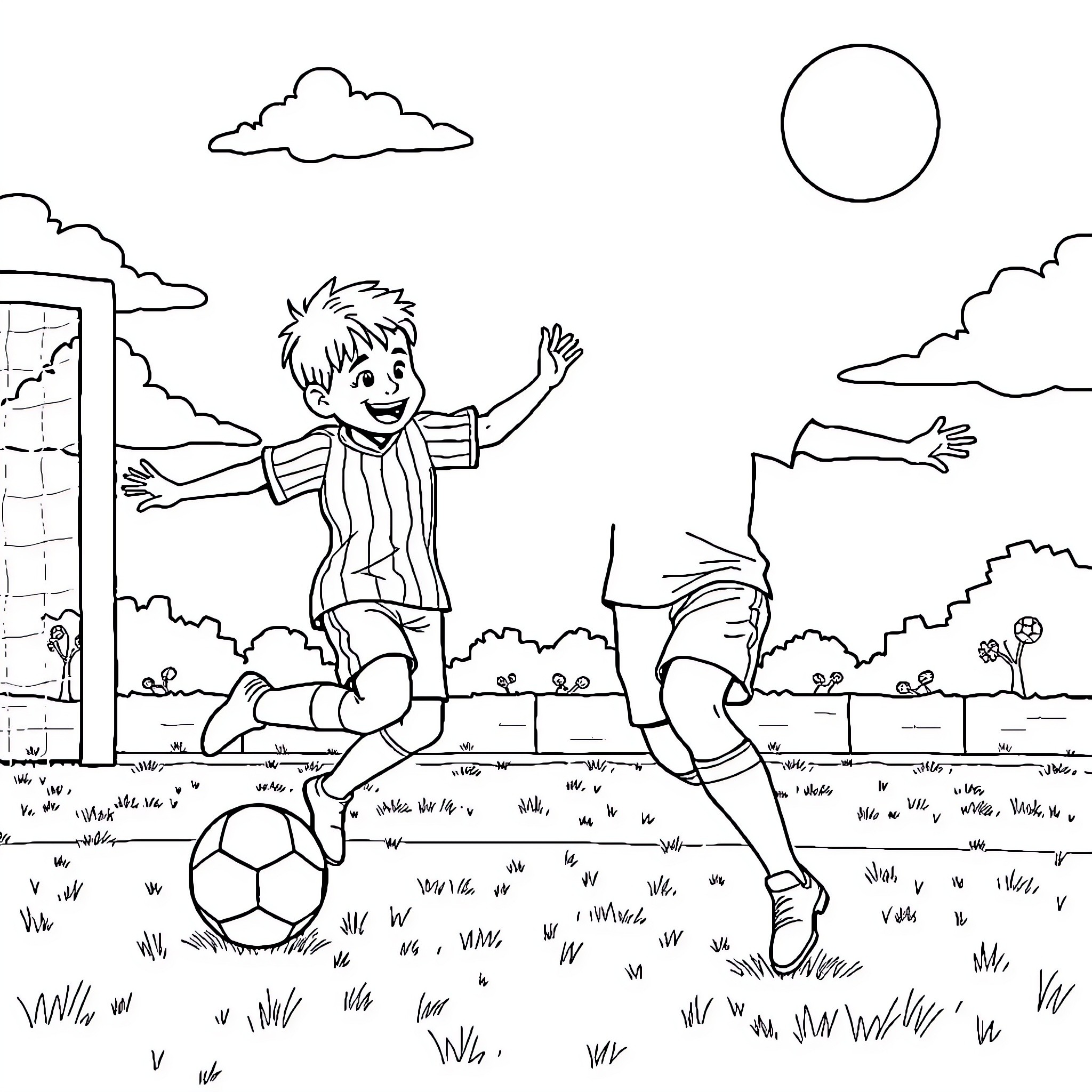 Boy joyfully playing soccer outdoors on a sunny day Coloring Page (free black-and-white line drawing printable PDF for all, from beginners to advanced learners, including children, teens, adults, and seniors)