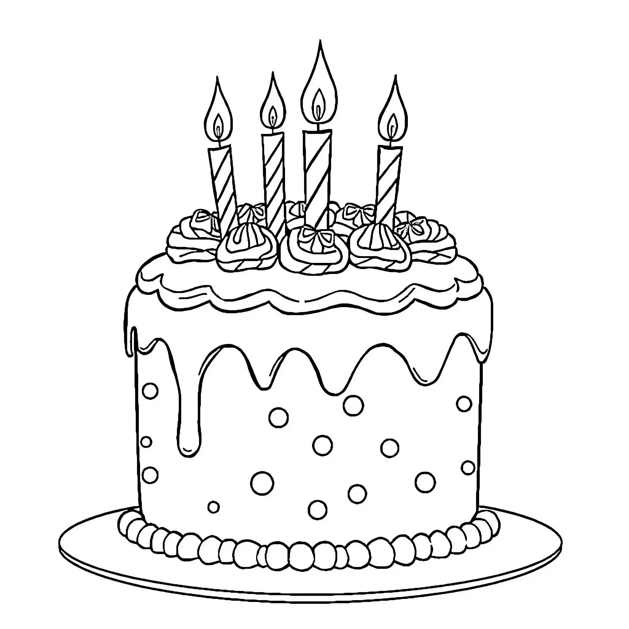 Birthday Cake with Burning Candles Coloring Page (free black-and-white line drawing printable PDF for all, from beginners to advanced learners, including children, teens, adults, and seniors)