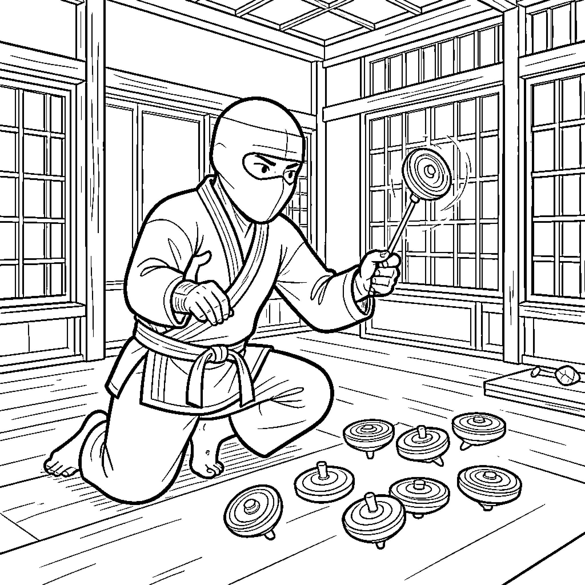 Ninja playing with spinning tops on a wooden floor Coloring Page (free black-and-white line drawing printable PDF for all, from beginners to advanced learners, including children, teens, adults, and seniors)