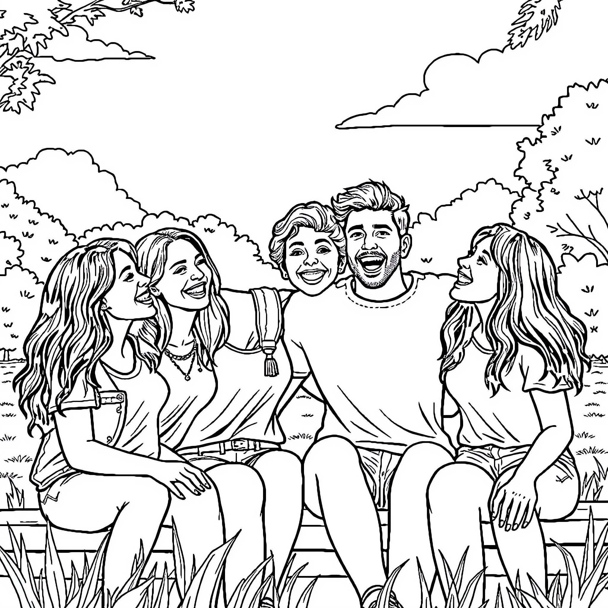 Homie group enjoying a sunny day outdoors Coloring Page (free black-and-white line drawing printable PDF for all, from beginners to advanced learners, including children, teens, adults, and seniors)