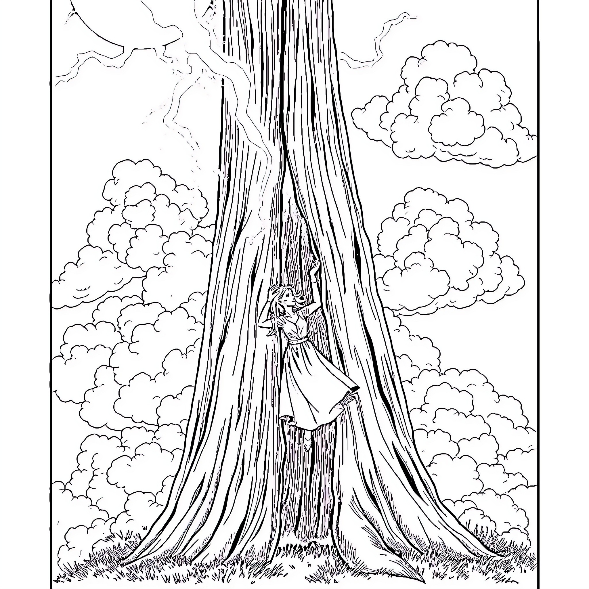 Woman swinging in a tree surrounded by clouds Coloring Page (free black-and-white line drawing printable PDF for all, from beginners to advanced learners, including children, teens, adults, and seniors)