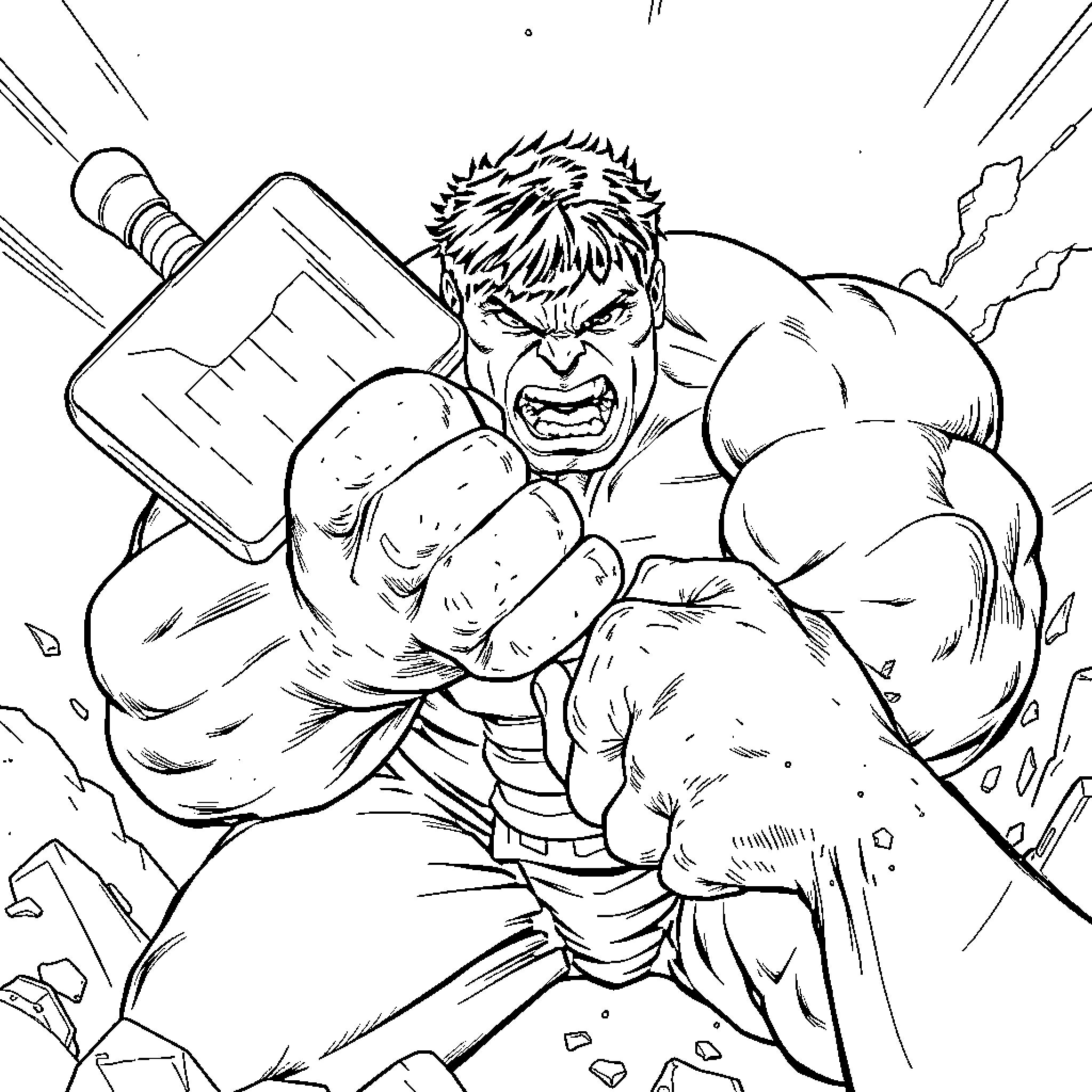 Hulk Smashing with Immense Power and Fury Coloring Page (free black-and-white line drawing printable PDF for all, from beginners to advanced learners, including children, teens, adults, and seniors)