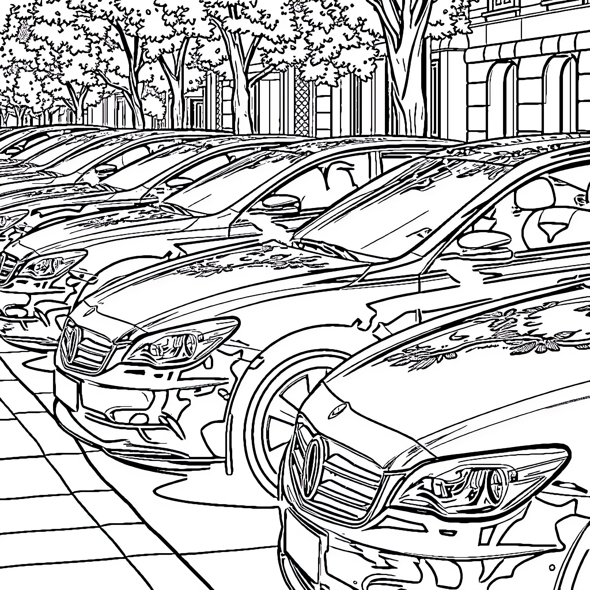 Car Parking Scene in Urban Environment Coloring Page (free black-and-white line drawing printable PDF for all, from beginners to advanced learners, including children, teens, adults, and seniors)