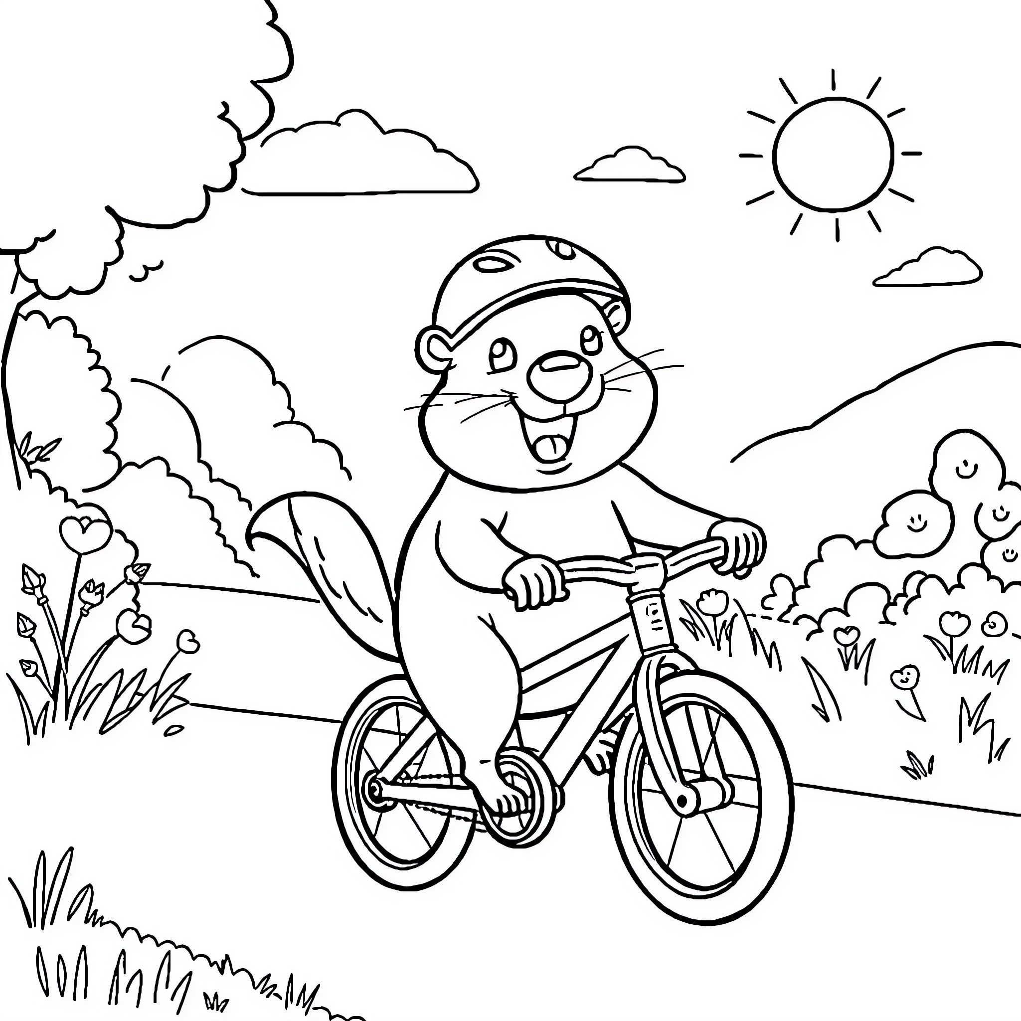 Beaver riding bicycle in scenic outdoor setting Coloring Page (free black-and-white line drawing printable PDF for all, from beginners to advanced learners, including children, teens, adults, and seniors)