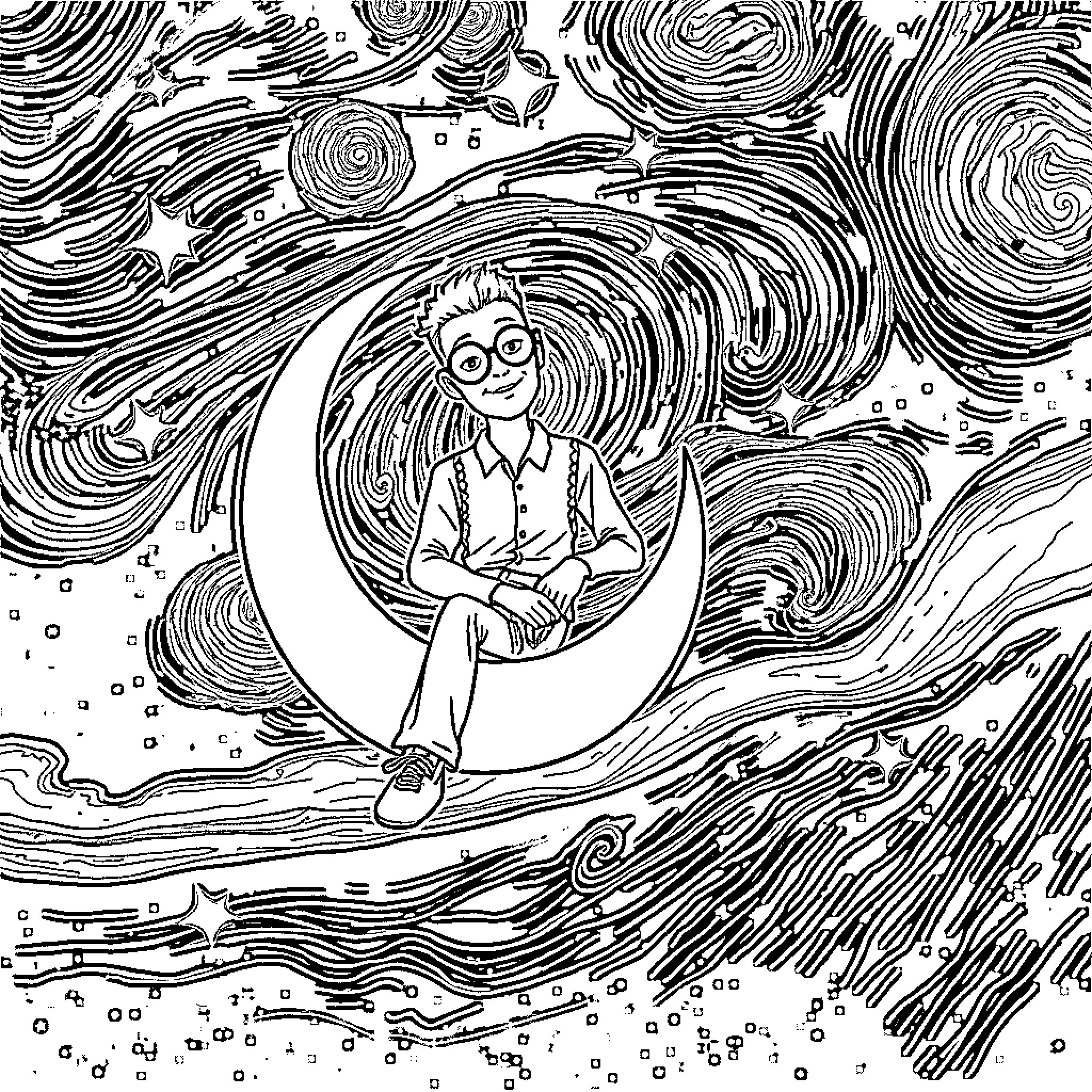 Man dreaming on the crescent moon in the night sky Coloring Page (free black-and-white line drawing printable PDF for all, from beginners to advanced learners, including children, teens, adults, and seniors)