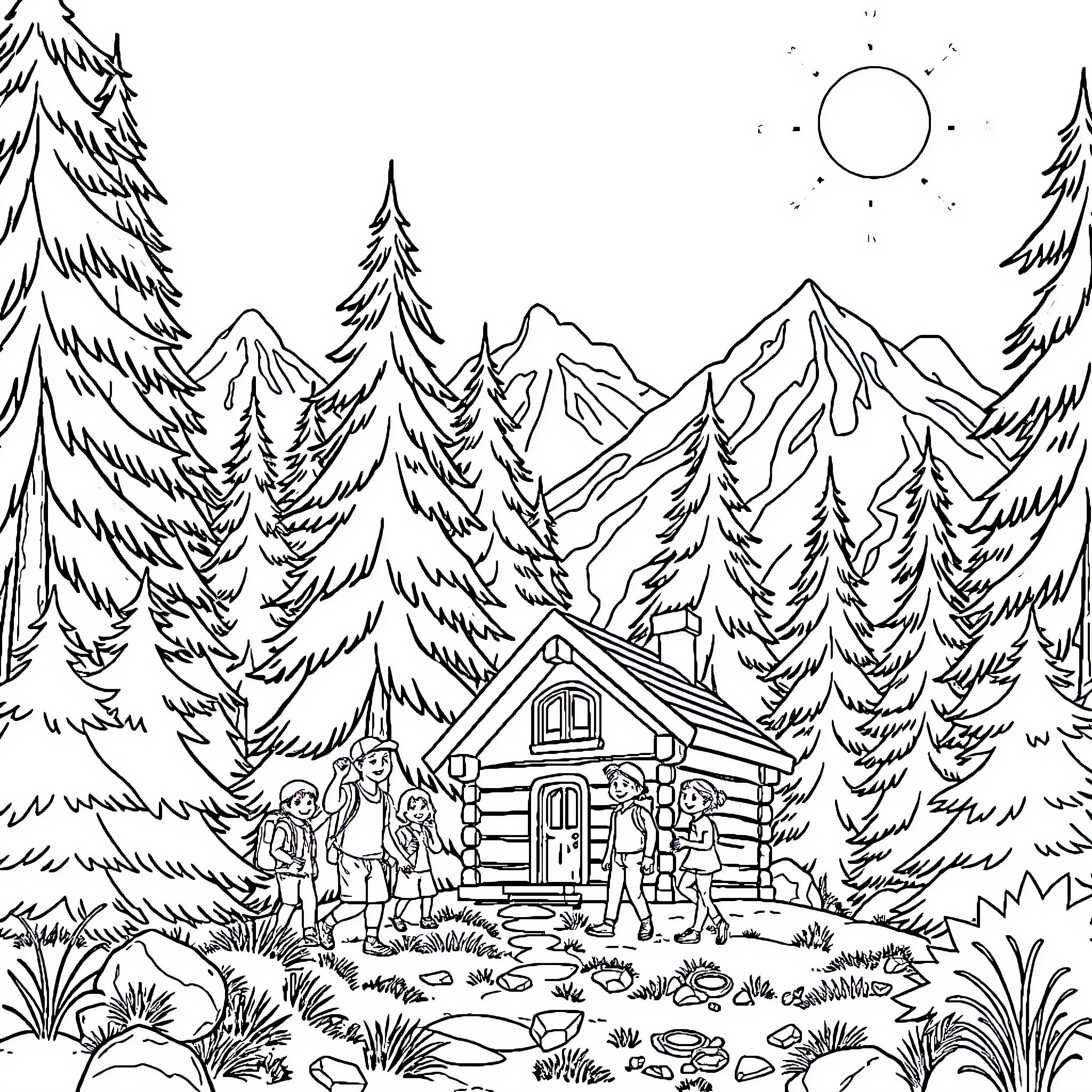 Child exploring scenic mountain cabin in the woods Coloring Page (free black-and-white line drawing printable PDF for all, from beginners to advanced learners, including children, teens, adults, and seniors)