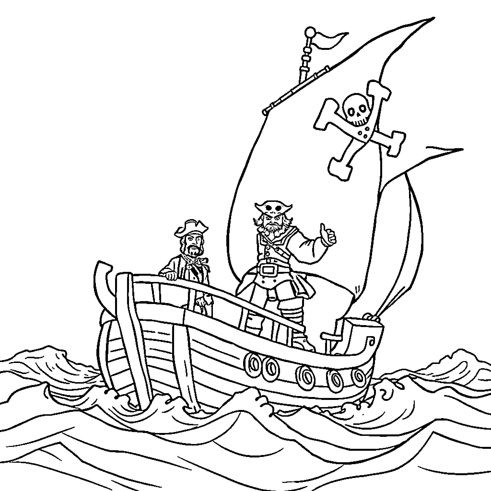 Pirate Ship Sailing on Stormy Seas Coloring Page (free black-and-white line drawing printable PDF for all, from beginners to advanced learners, including children, teens, adults, and seniors)
