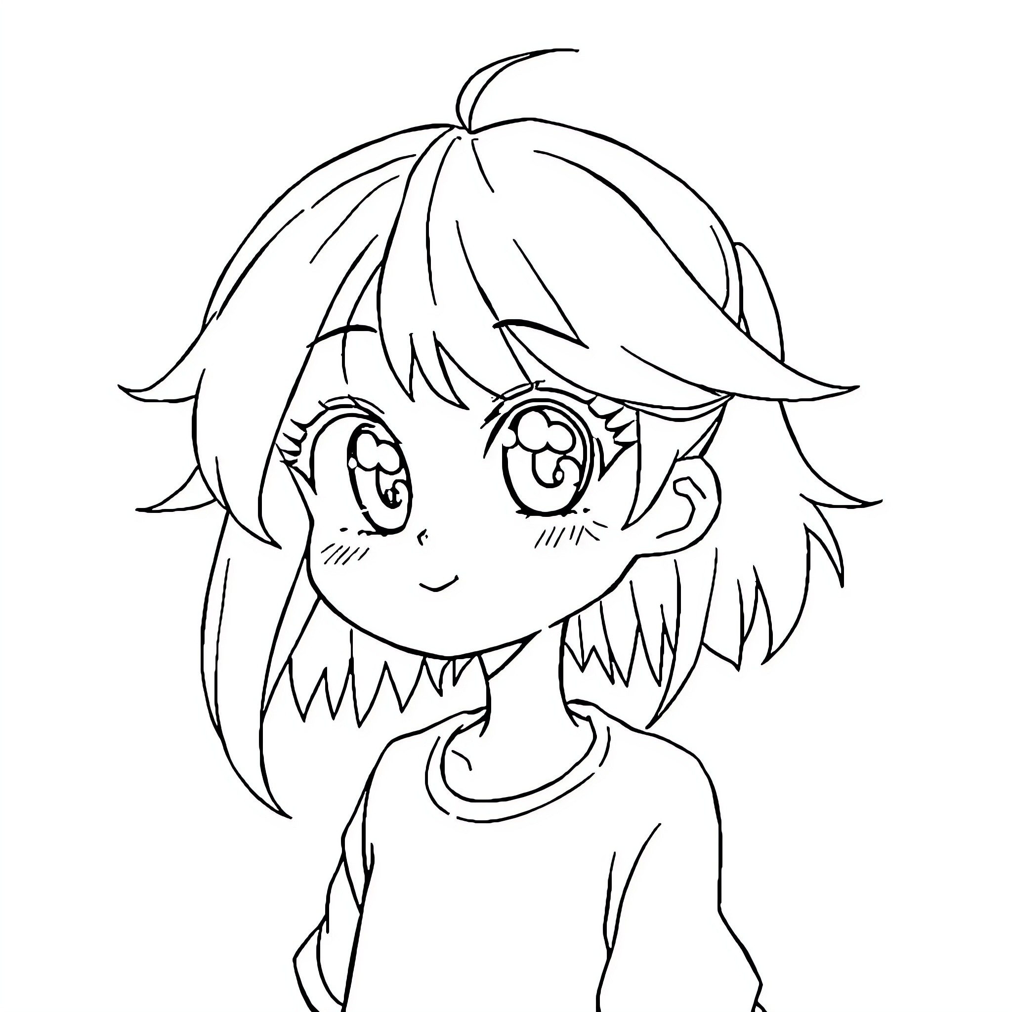 Anime Girl with Cheerful Expression Coloring Page (free black-and-white line drawing printable PDF for all, from beginners to advanced learners, including children, teens, adults, and seniors)