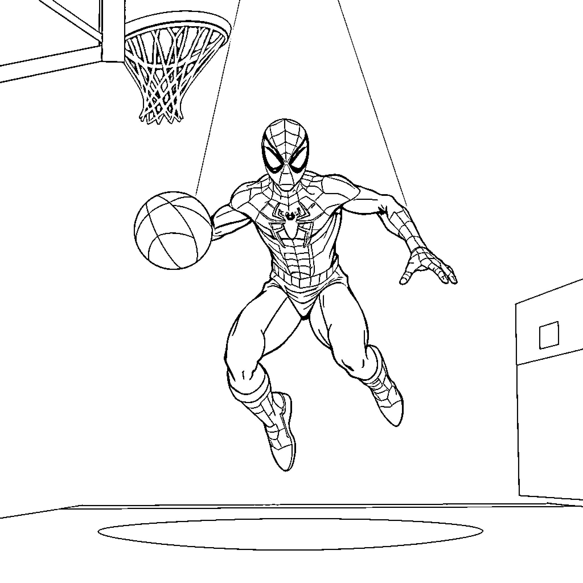 Spiderman Dunking Basketball on Hoop Coloring Page (free black-and-white line drawing printable PDF for all, from beginners to advanced learners, including children, teens, adults, and seniors)