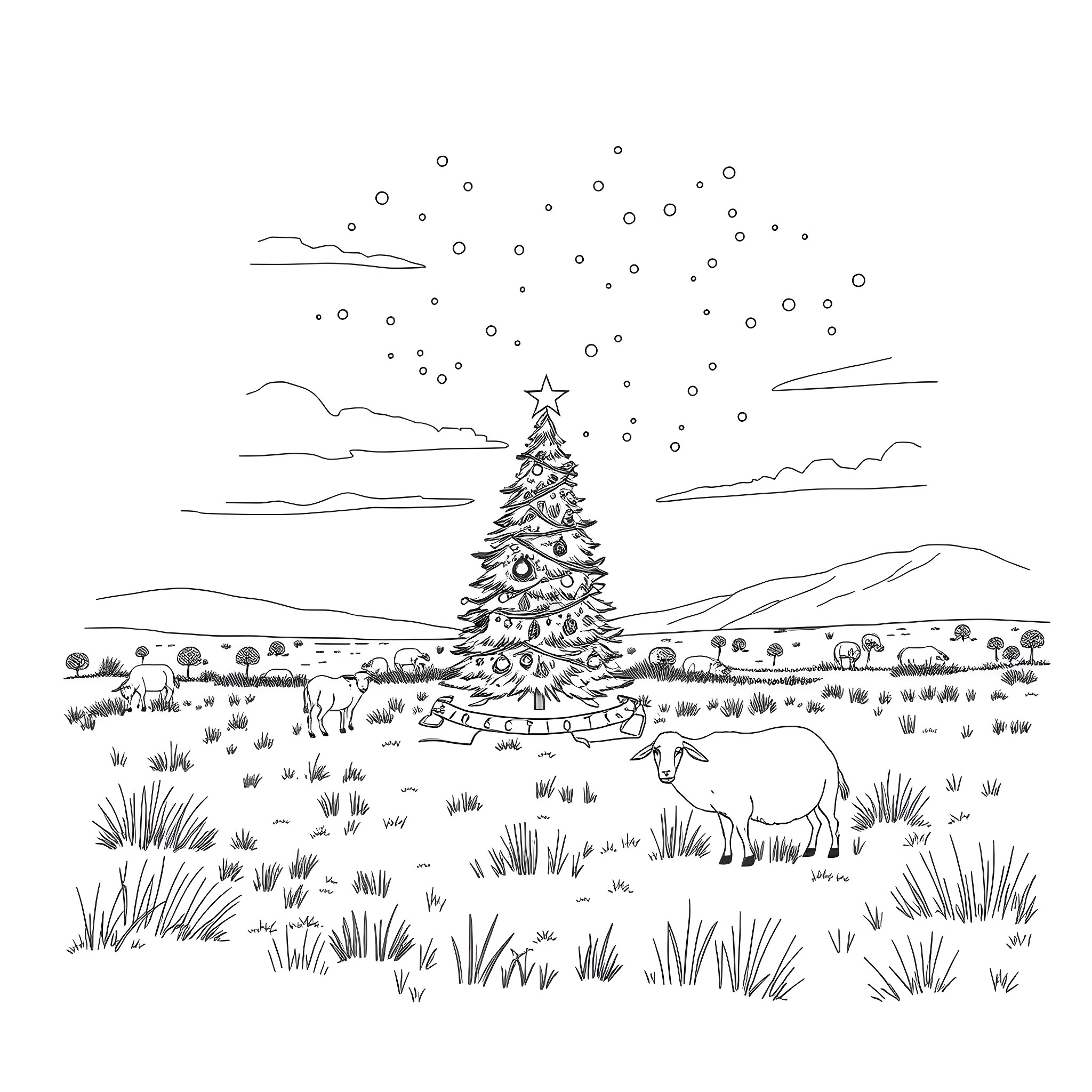 Christmas Tree with Deer in Snowy Landscape Coloring Page (free black-and-white line drawing printable PDF for all, from beginners to advanced learners, including children, teens, adults, and seniors)