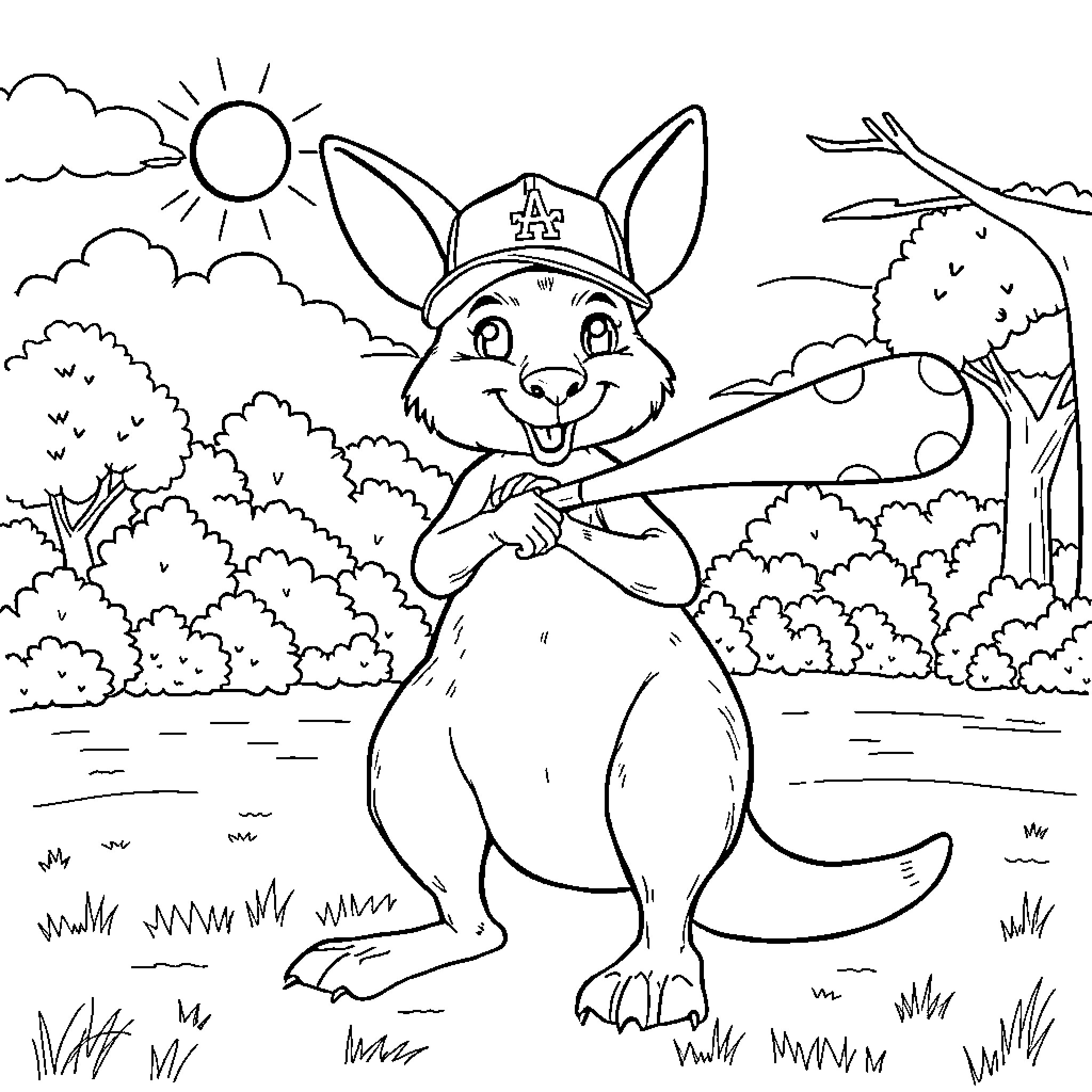 Kangaroo ranger exploring the outdoors Coloring Page (free black-and-white line drawing printable PDF for all, from beginners to advanced learners, including children, teens, adults, and seniors)