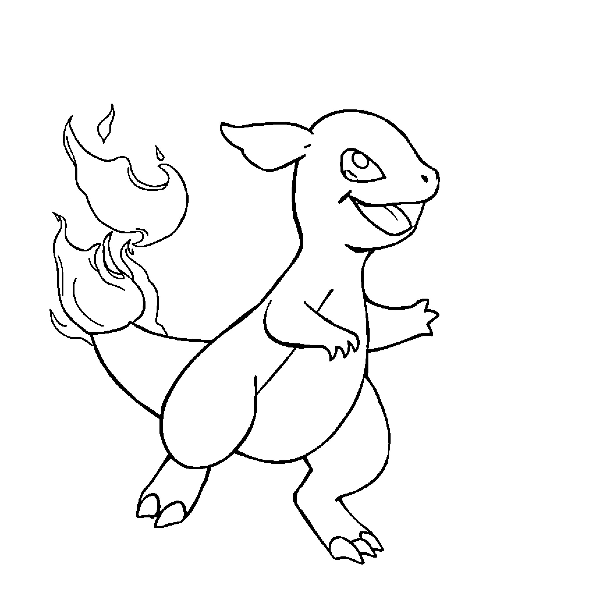 Charmander happily dancing with fire Coloring Page (free black-and-white line drawing printable PDF for all, from beginners to advanced learners, including children, teens, adults, and seniors)