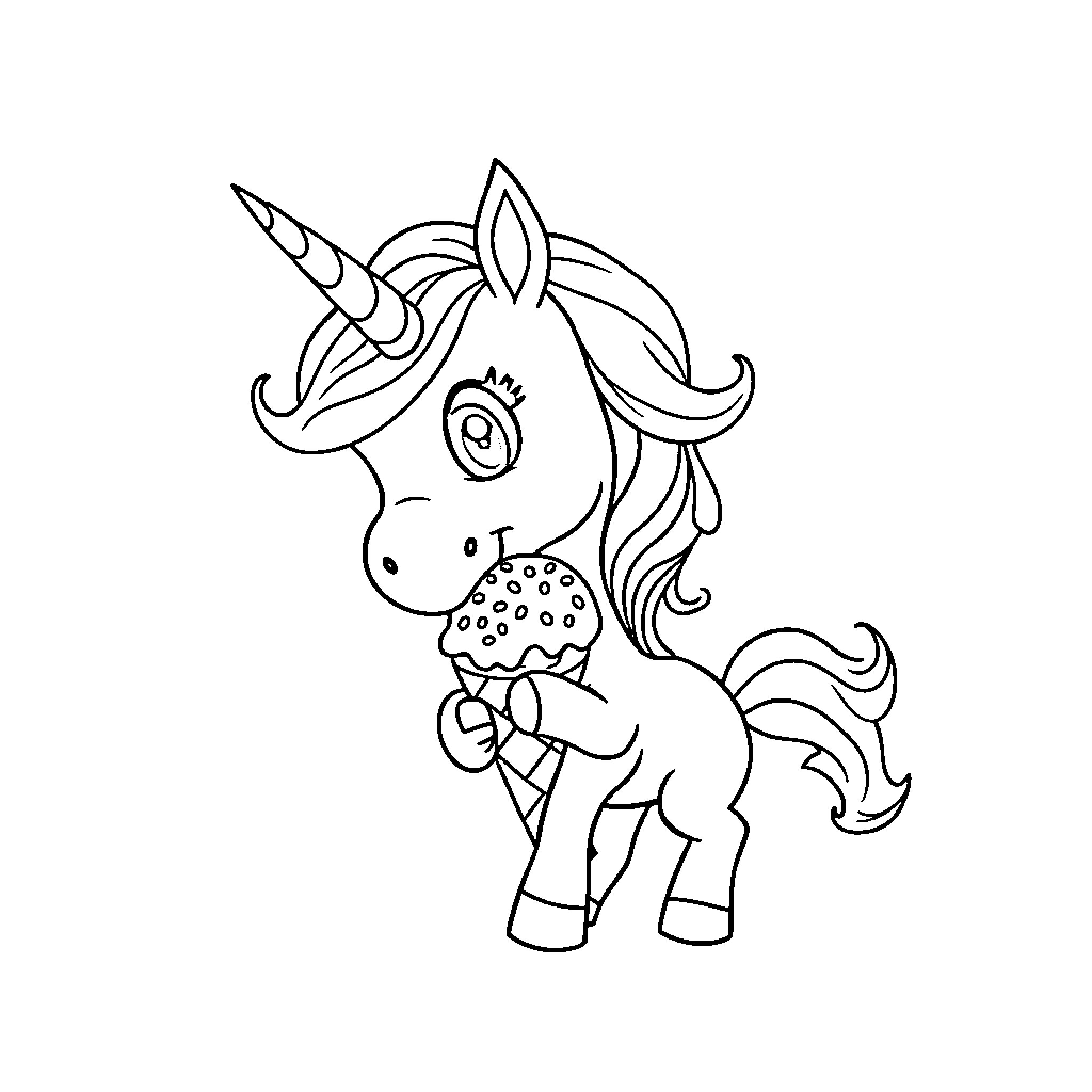Unicorn with spotty pattern and cheerful expression Coloring Page (free black-and-white line drawing printable PDF for all, from beginners to advanced learners, including children, teens, adults, and seniors)