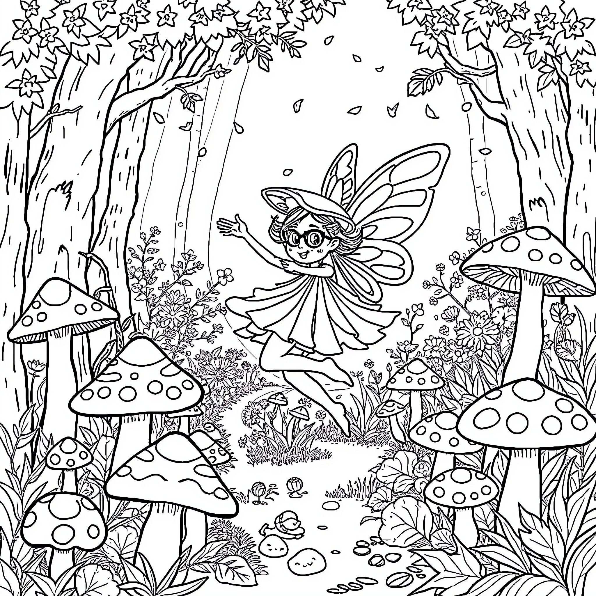 Mushroom Fairy Dancing in Enchanted Forest Coloring Page (free black-and-white line drawing printable PDF for all, from beginners to advanced learners, including children, teens, adults, and seniors)