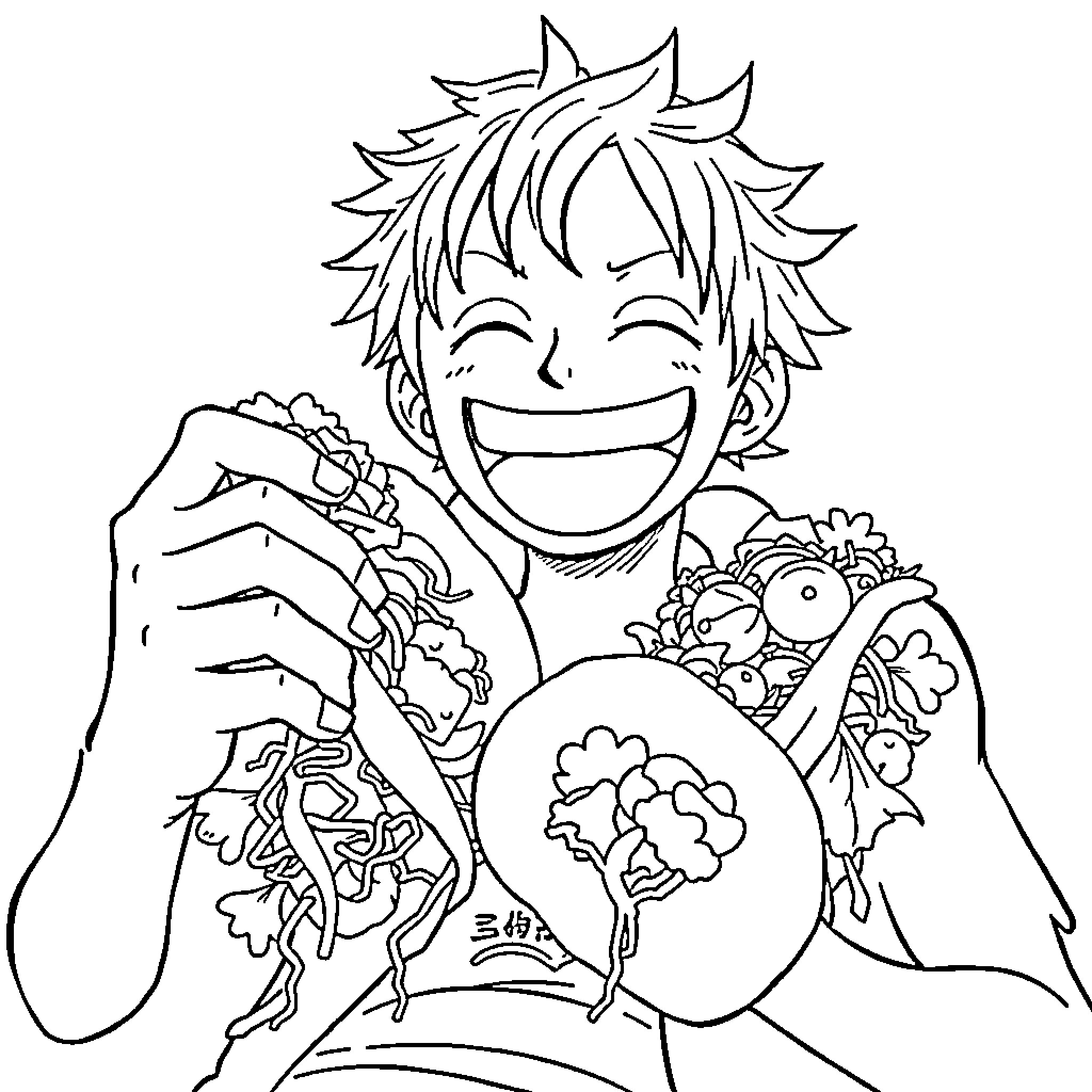 Luffy happily eating while surrounded by food Coloring Page (free black-and-white line drawing printable PDF for all, from beginners to advanced learners, including children, teens, adults, and seniors)