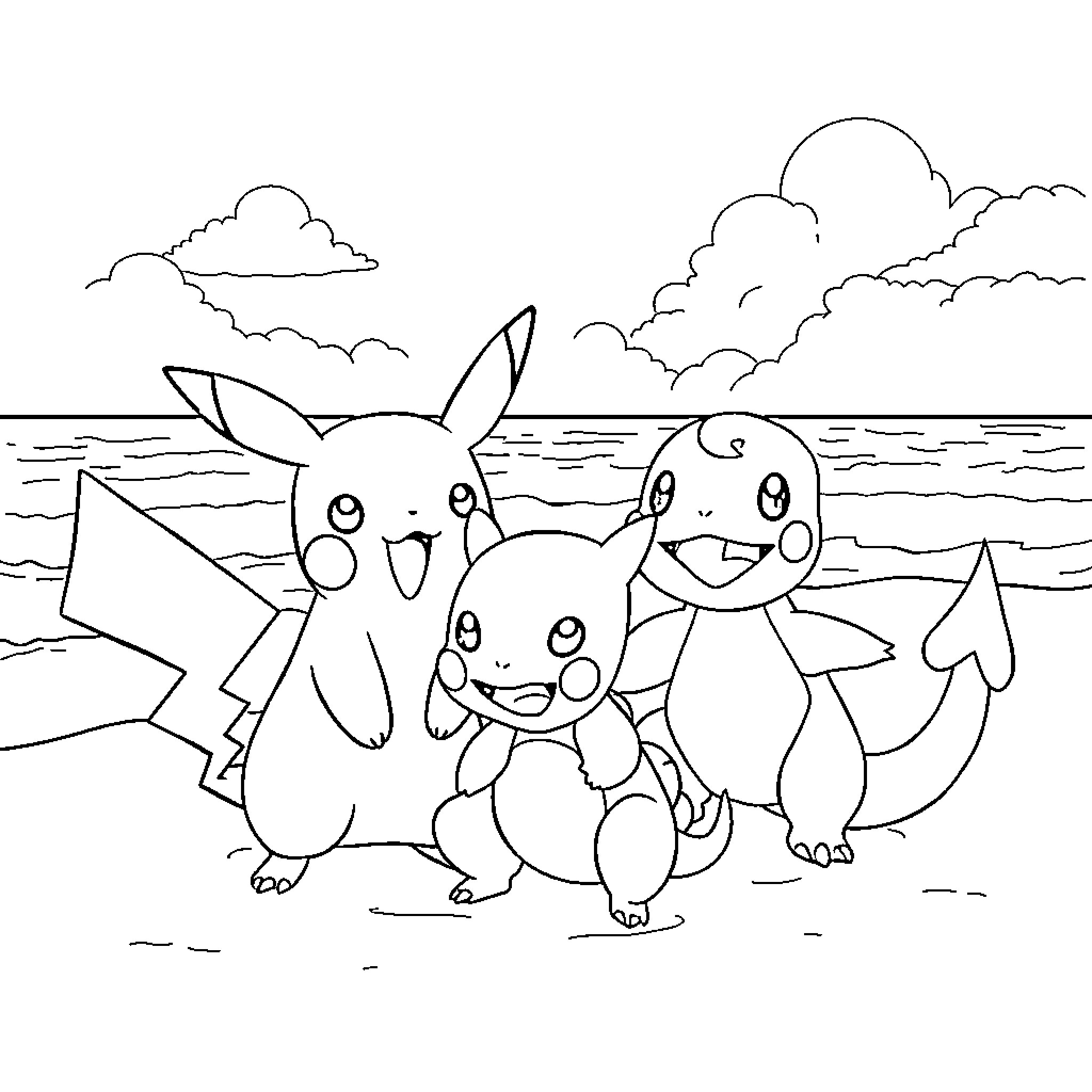Pikachu and friends enjoying a day at the beach Coloring Page (free black-and-white line drawing printable PDF for all, from beginners to advanced learners, including children, teens, adults, and seniors)