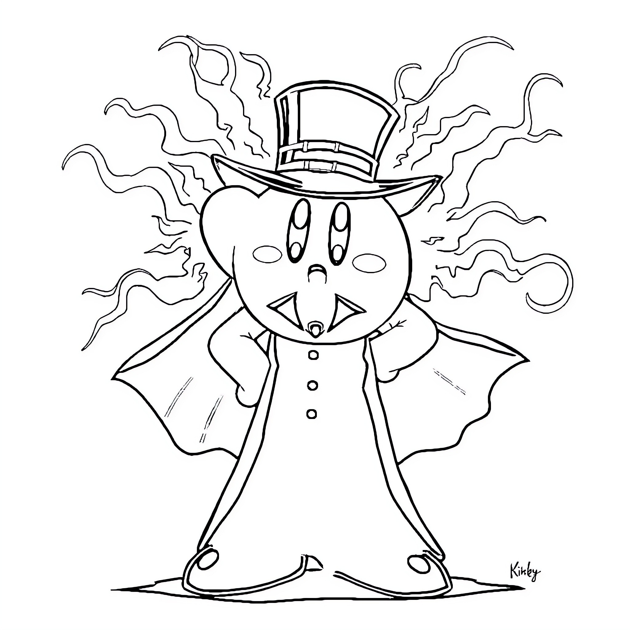Kirby dressed as a spooky gentleman Coloring Page (free black-and-white line drawing printable PDF for all, from beginners to advanced learners, including children, teens, adults, and seniors)