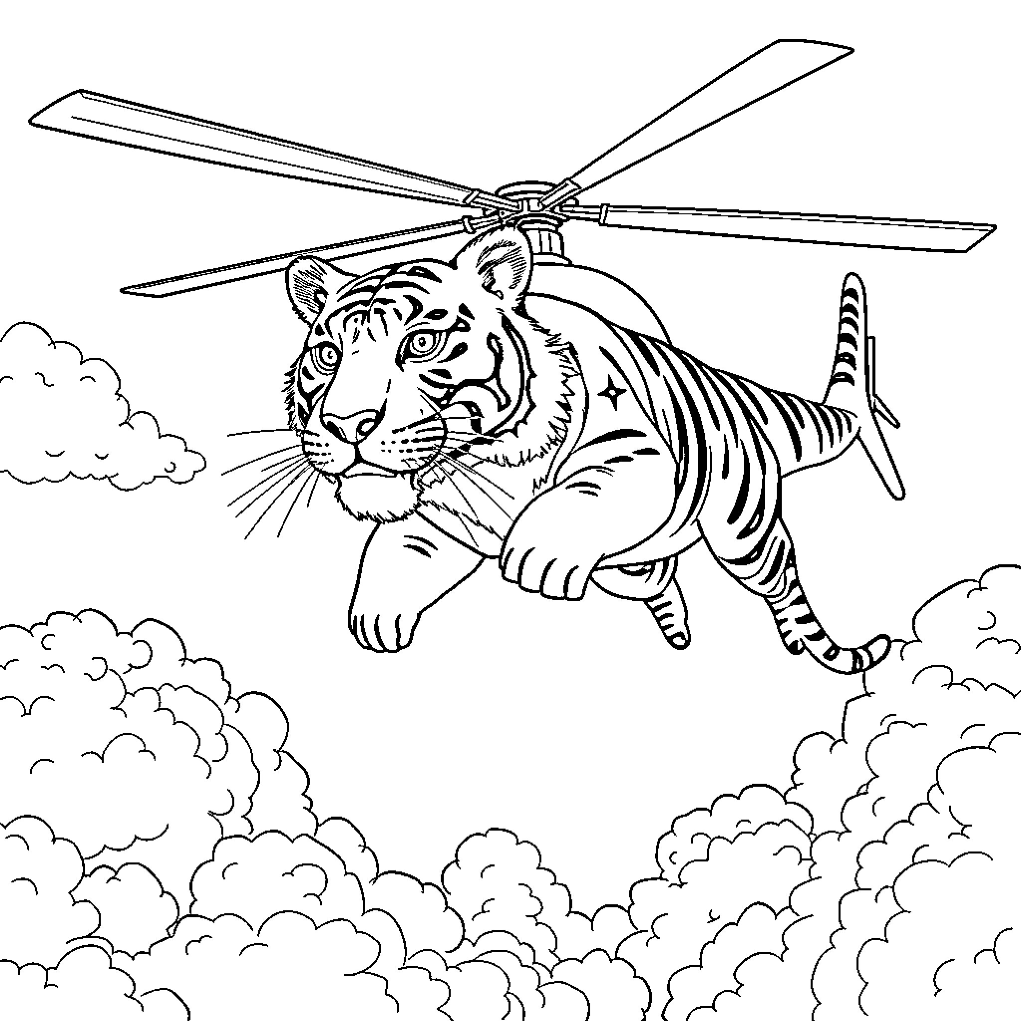 Tiger Helicopter Soaring Through Clouds Coloring Page (free black-and-white line drawing printable PDF for all, from beginners to advanced learners, including children, teens, adults, and seniors)