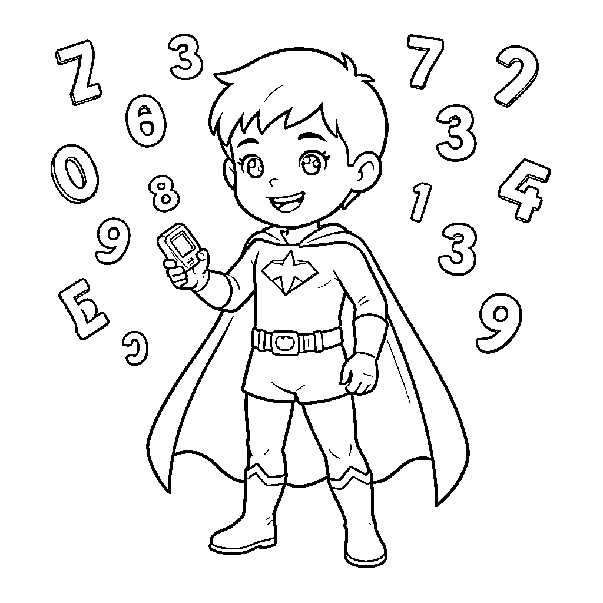 Child Superhero smiling while holding a gadget among numbers Coloring Page (free black-and-white line drawing printable PDF for all, from beginners to advanced learners, including children, teens, adults, and seniors)