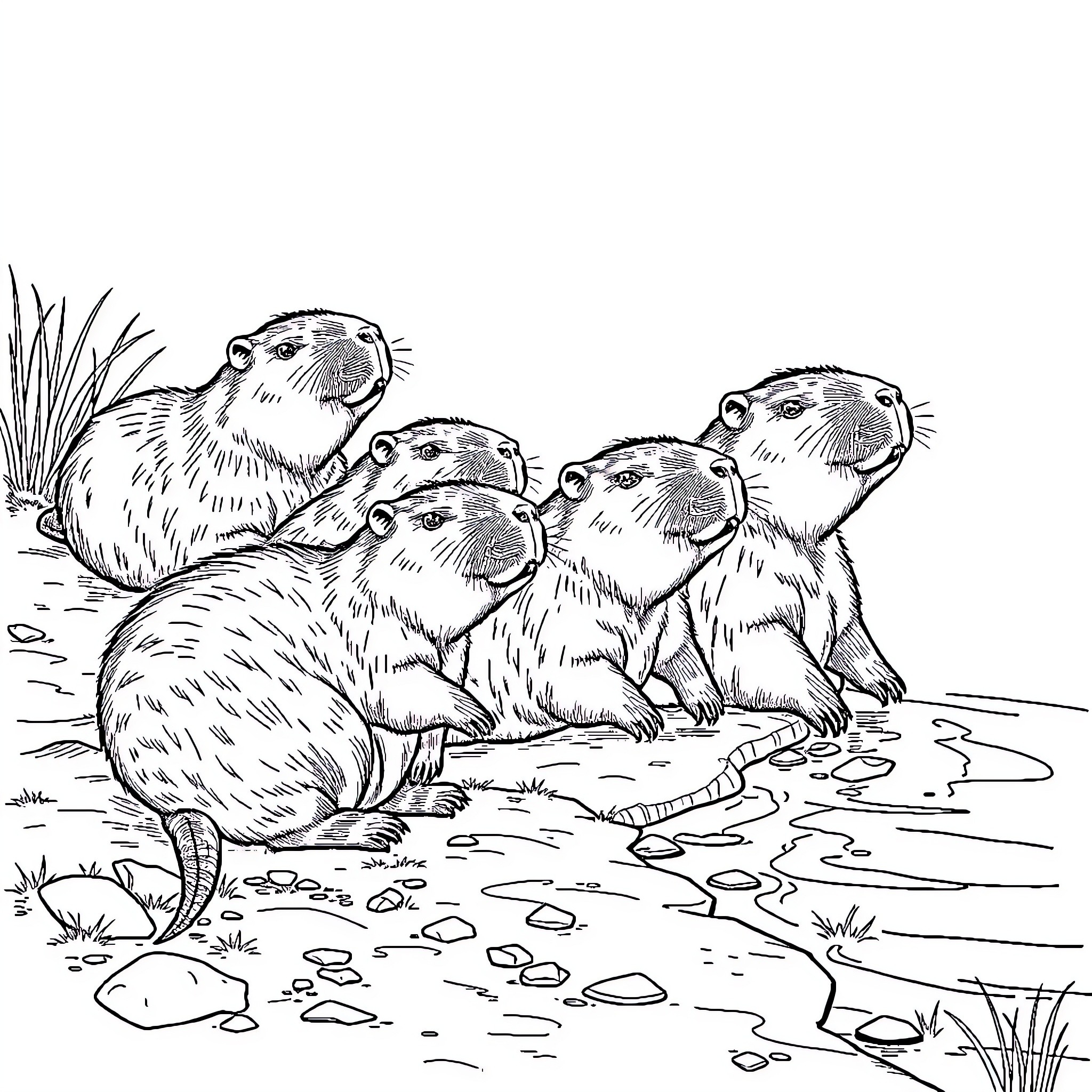 Capybara family relaxing in natural habitat Coloring Page (free black-and-white line drawing printable PDF for all, from beginners to advanced learners, including children, teens, adults, and seniors)