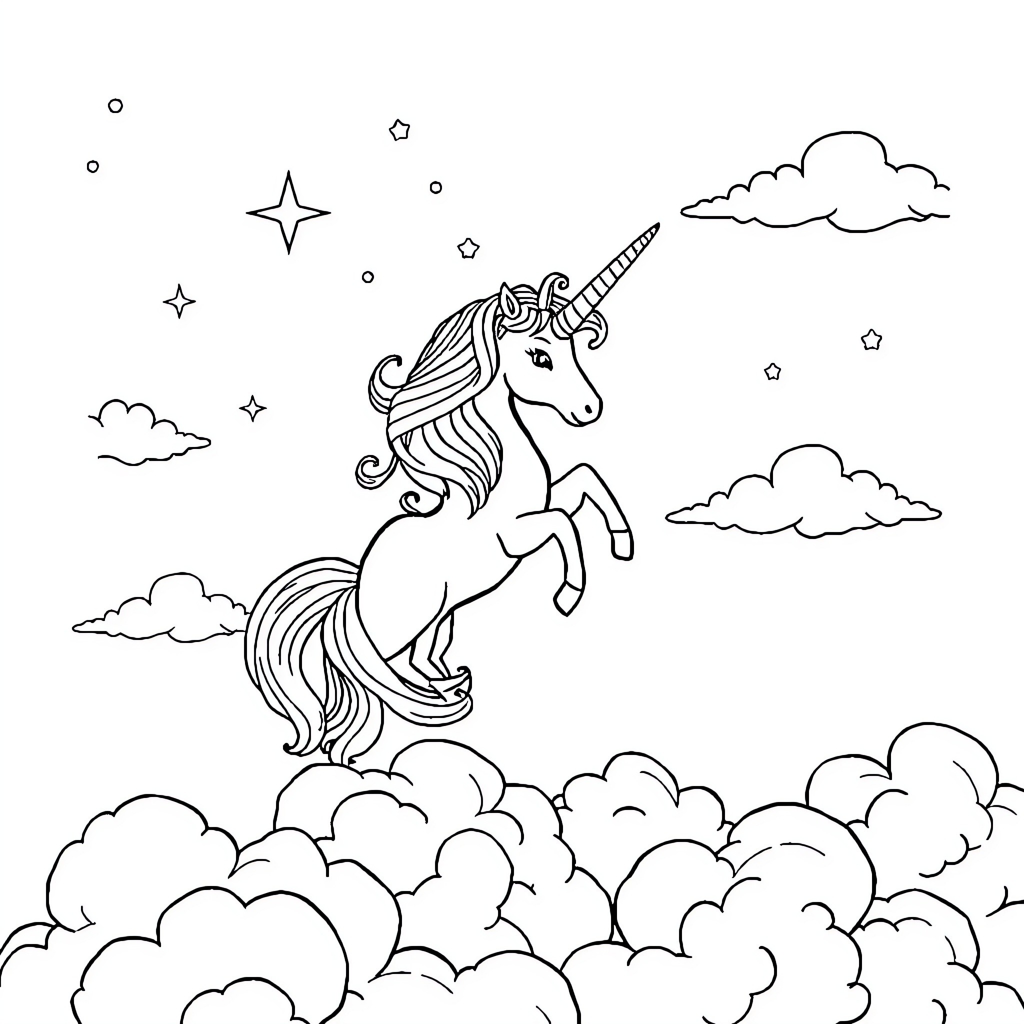 Unicorn soaring among the stars and clouds Coloring Page (free black-and-white line drawing printable PDF for all, from beginners to advanced learners, including children, teens, adults, and seniors)