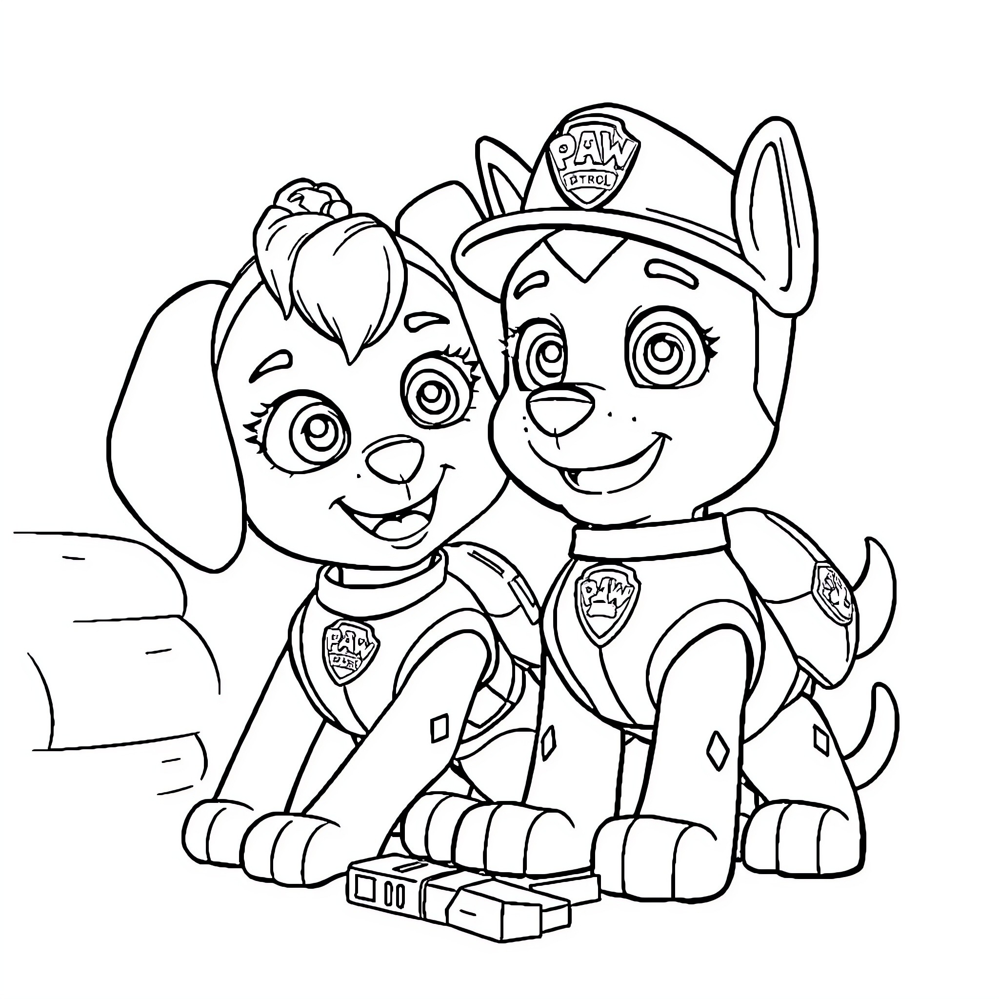 Paw Patrol Puppies Assisting and Smiling Coloring Page (free black-and-white line drawing printable PDF for all, from beginners to advanced learners, including children, teens, adults, and seniors)