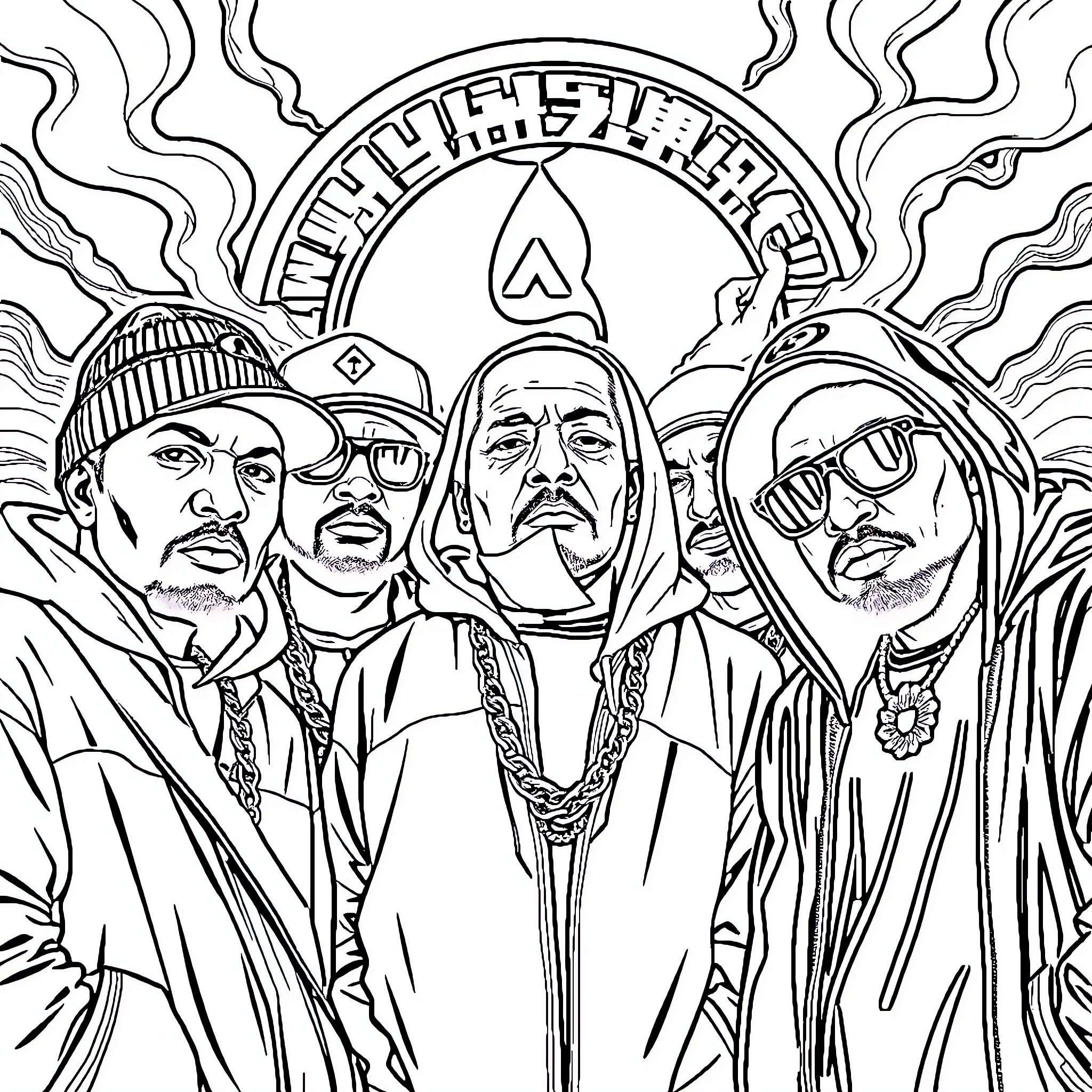 Wu-Tang Clan members gathered in distinctive attire Coloring Page (free black-and-white line drawing printable PDF for all, from beginners to advanced learners, including children, teens, adults, and seniors)