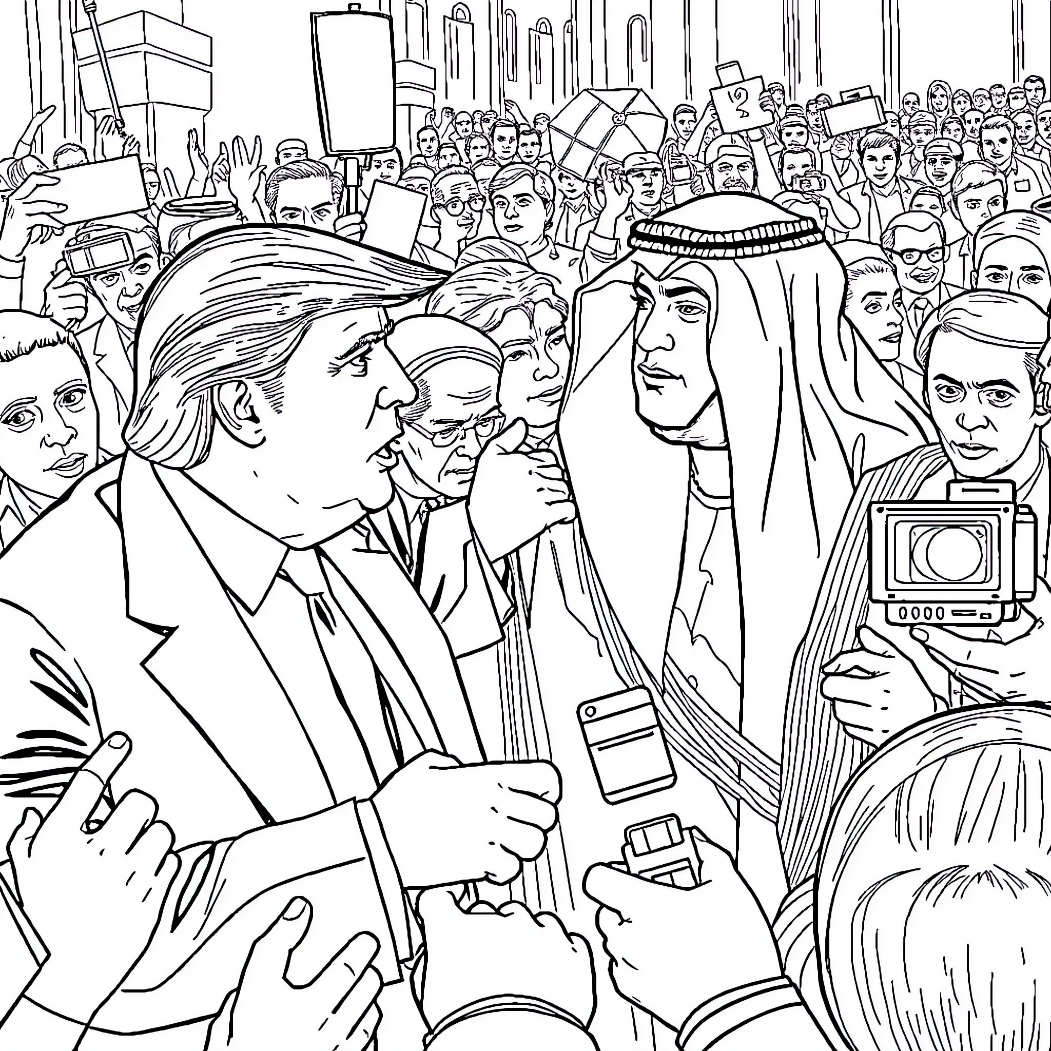 Donald Trump interacting with Middle Eastern leaders in a crowded scene Coloring Page (free black-and-white line drawing printable PDF for all, from beginners to advanced learners, including children, teens, adults, and seniors)