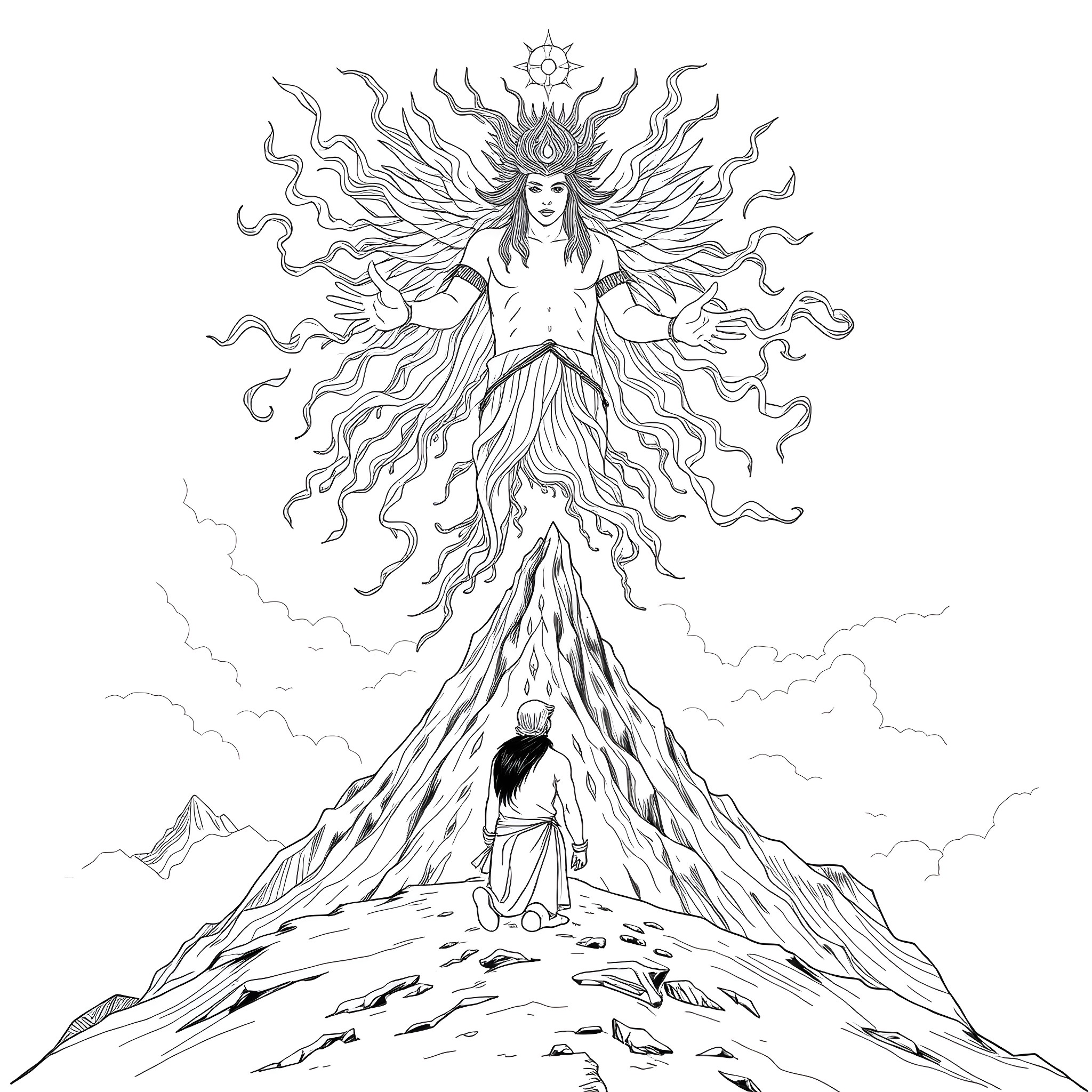 Spirit of the Mountain Goddess Coloring Page (free black-and-white line drawing printable PDF for all, from beginners to advanced learners, including children, teens, adults, and seniors)