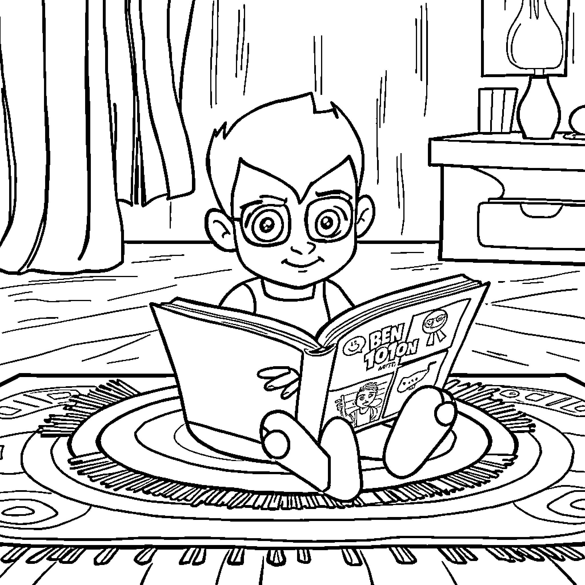 Ben 10 reading a book in his room Coloring Page (free black-and-white line drawing printable PDF for all, from beginners to advanced learners, including children, teens, adults, and seniors)