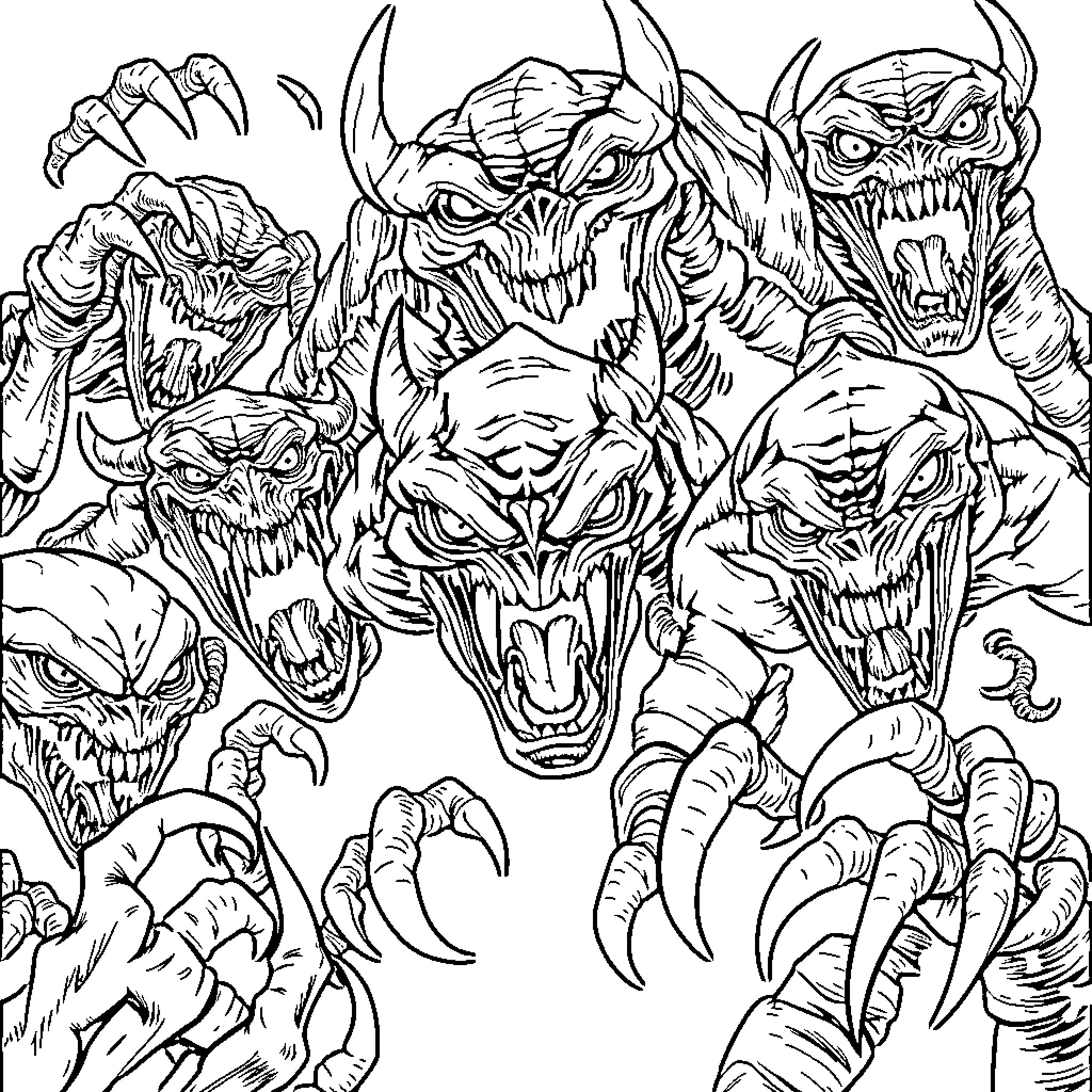 Monster army of ghastly beasts and demons Coloring Page (free black-and-white line drawing printable PDF for all, from beginners to advanced learners, including children, teens, adults, and seniors)