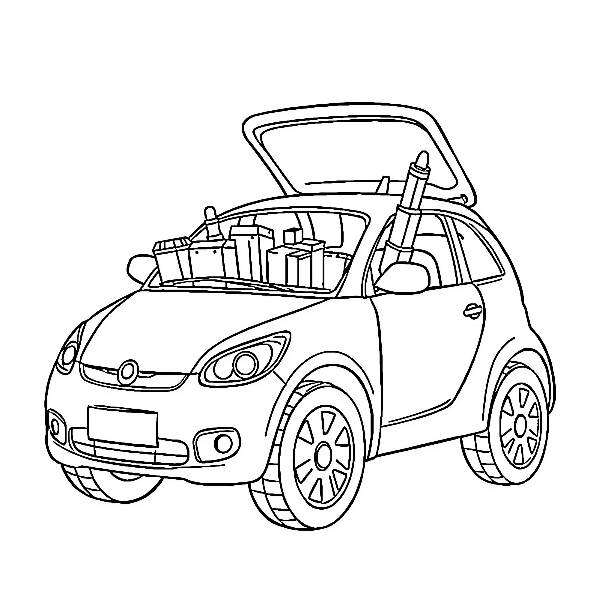 Fuse Box with Overfilled Compact Car Coloring Page (free black-and-white line drawing printable PDF for all, from beginners to advanced learners, including children, teens, adults, and seniors)