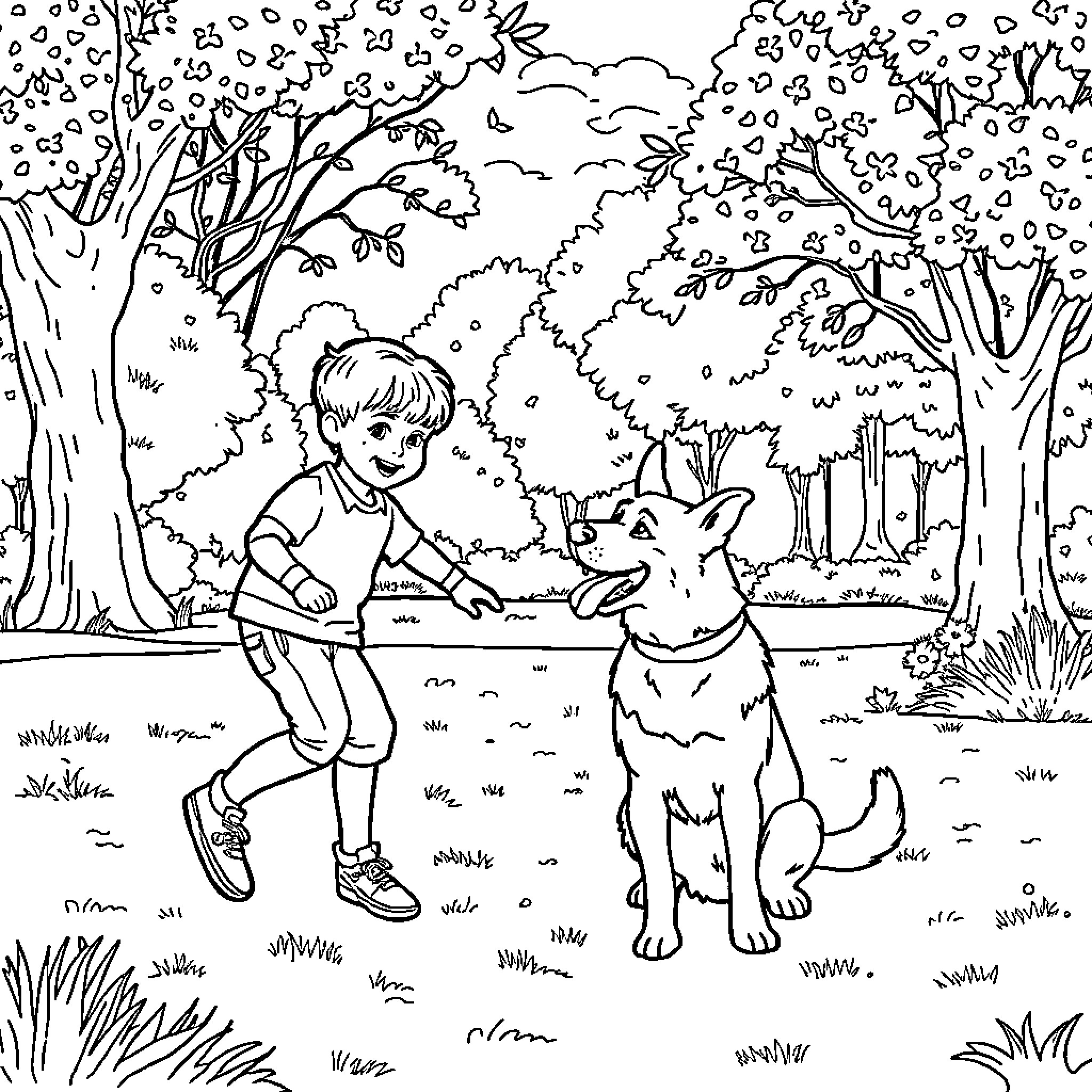 Child playing with pet in forest scene Coloring Page (free black-and-white line drawing printable PDF for all, from beginners to advanced learners, including children, teens, adults, and seniors)