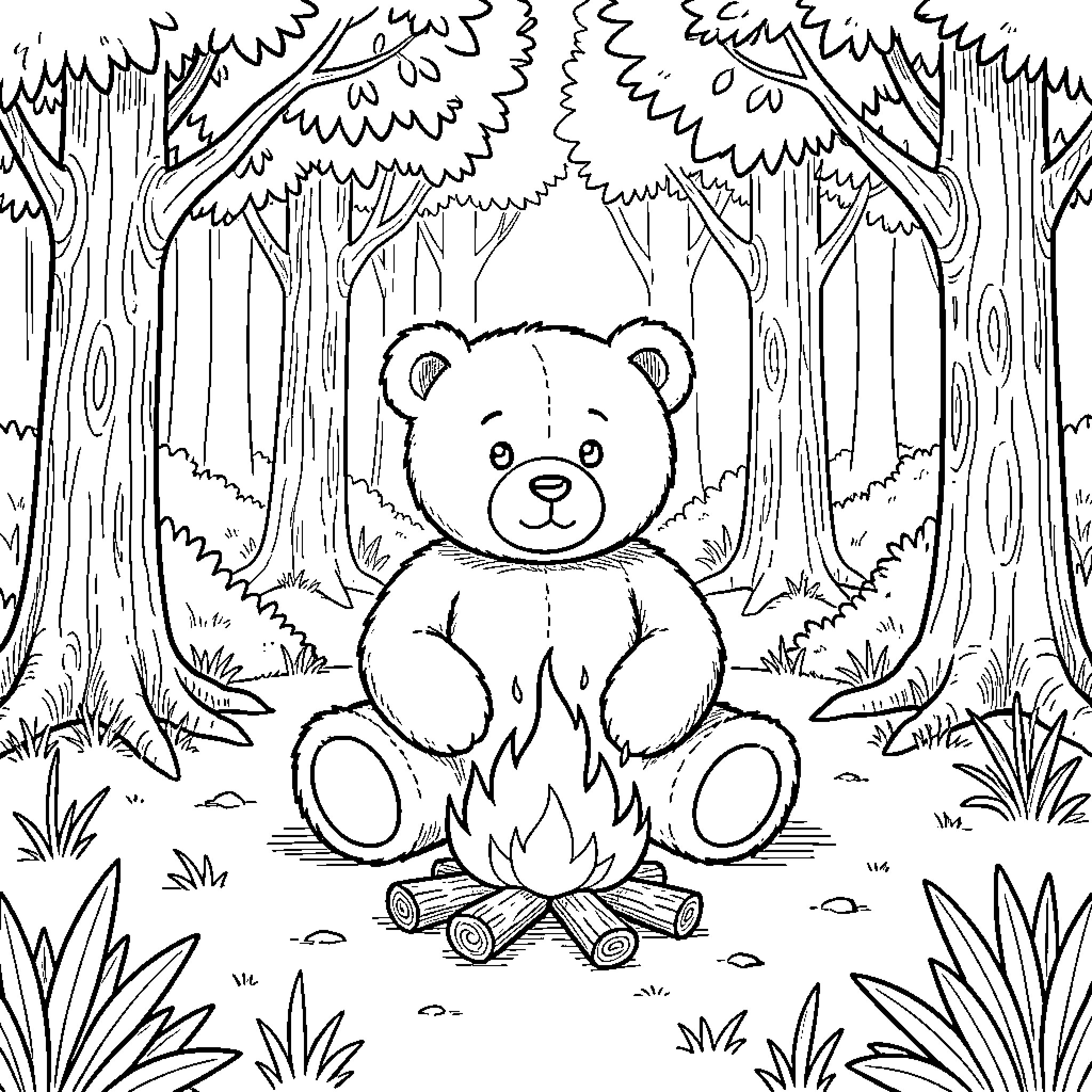 Teddy Bear sitting by a campfire in the woods Coloring Page (free black-and-white line drawing printable PDF for all, from beginners to advanced learners, including children, teens, adults, and seniors)