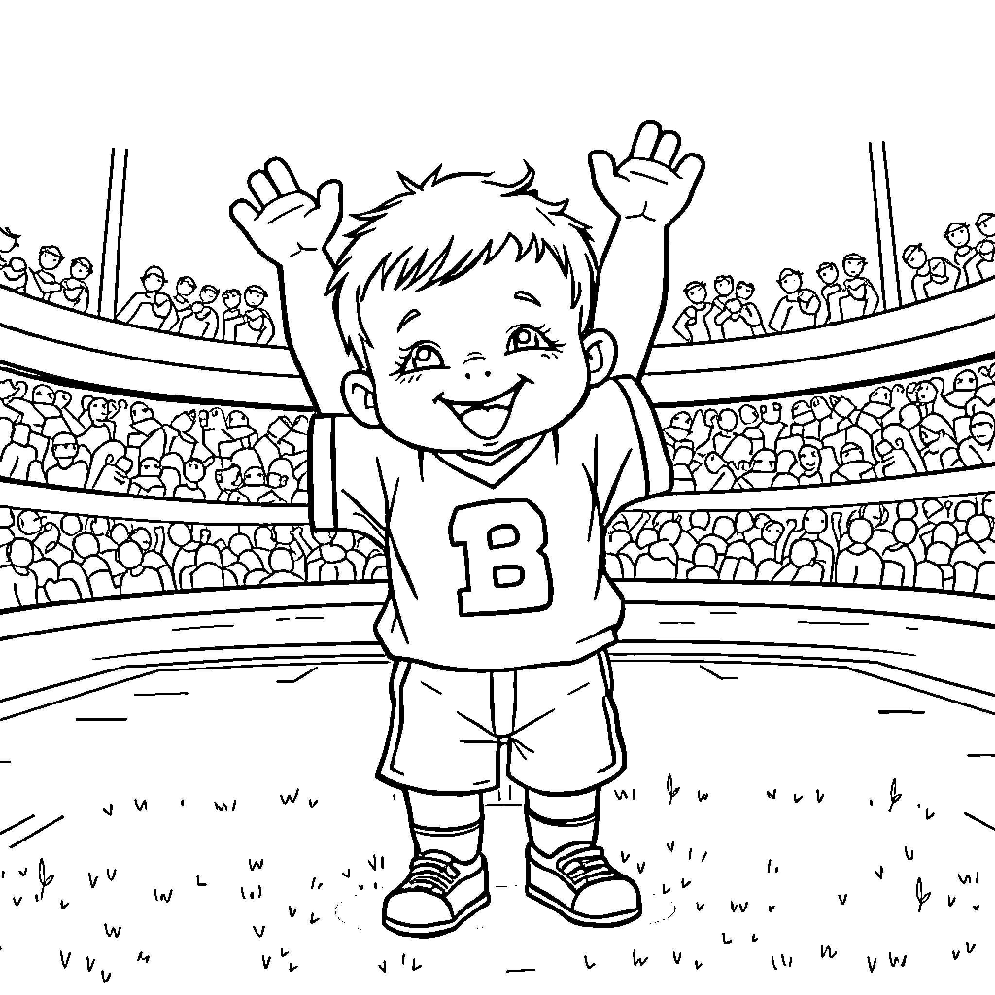 Toddler enjoying the cheers of the crowd Coloring Page (free black-and-white line drawing printable PDF for all, from beginners to advanced learners, including children, teens, adults, and seniors)